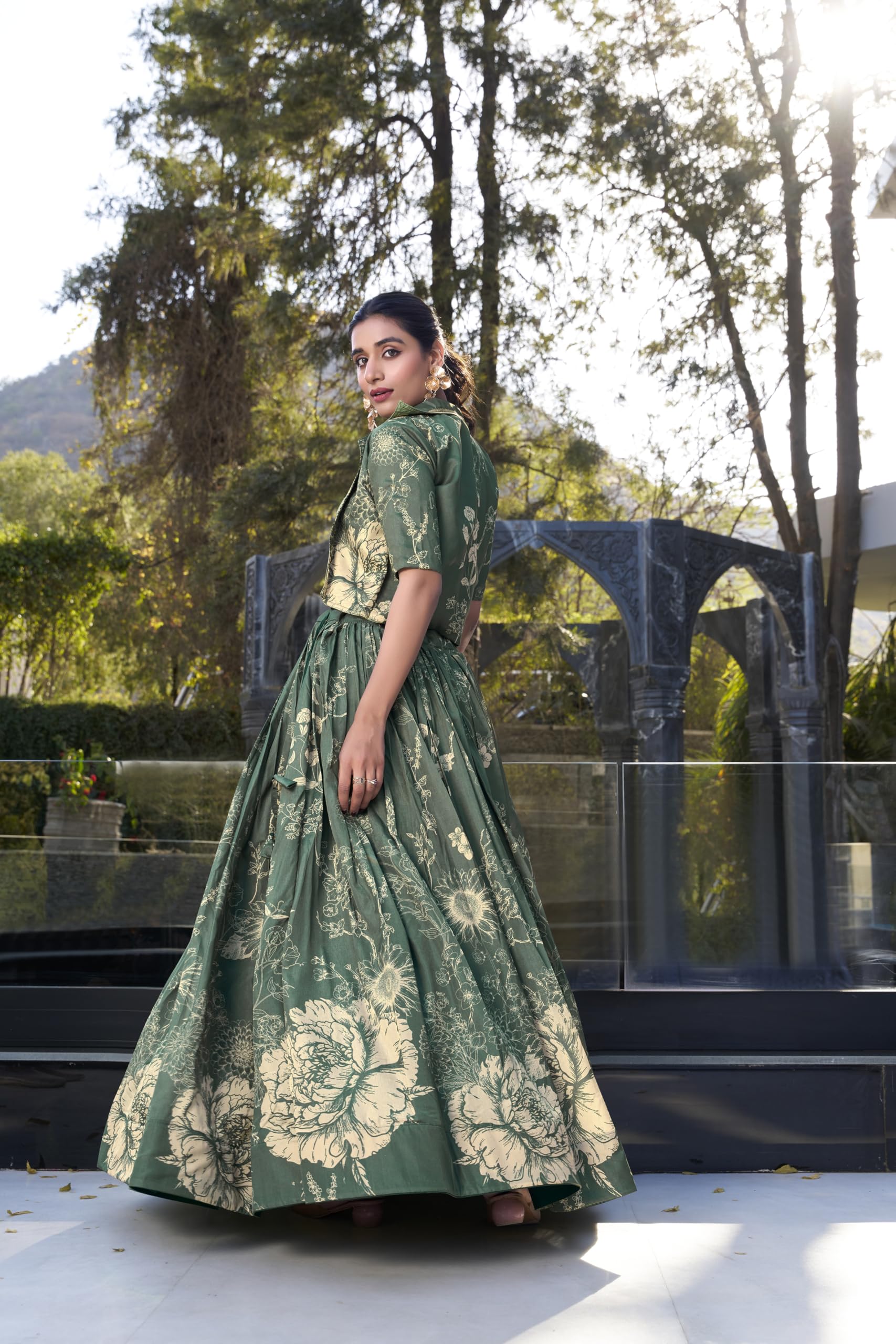 LooknBook Women's Tussar Silk Ready to Wear Stitched Lehenga Choli Set with Heavy Tassels Koti and Foil Printed Floral Pattern - Image 3 thumbnail