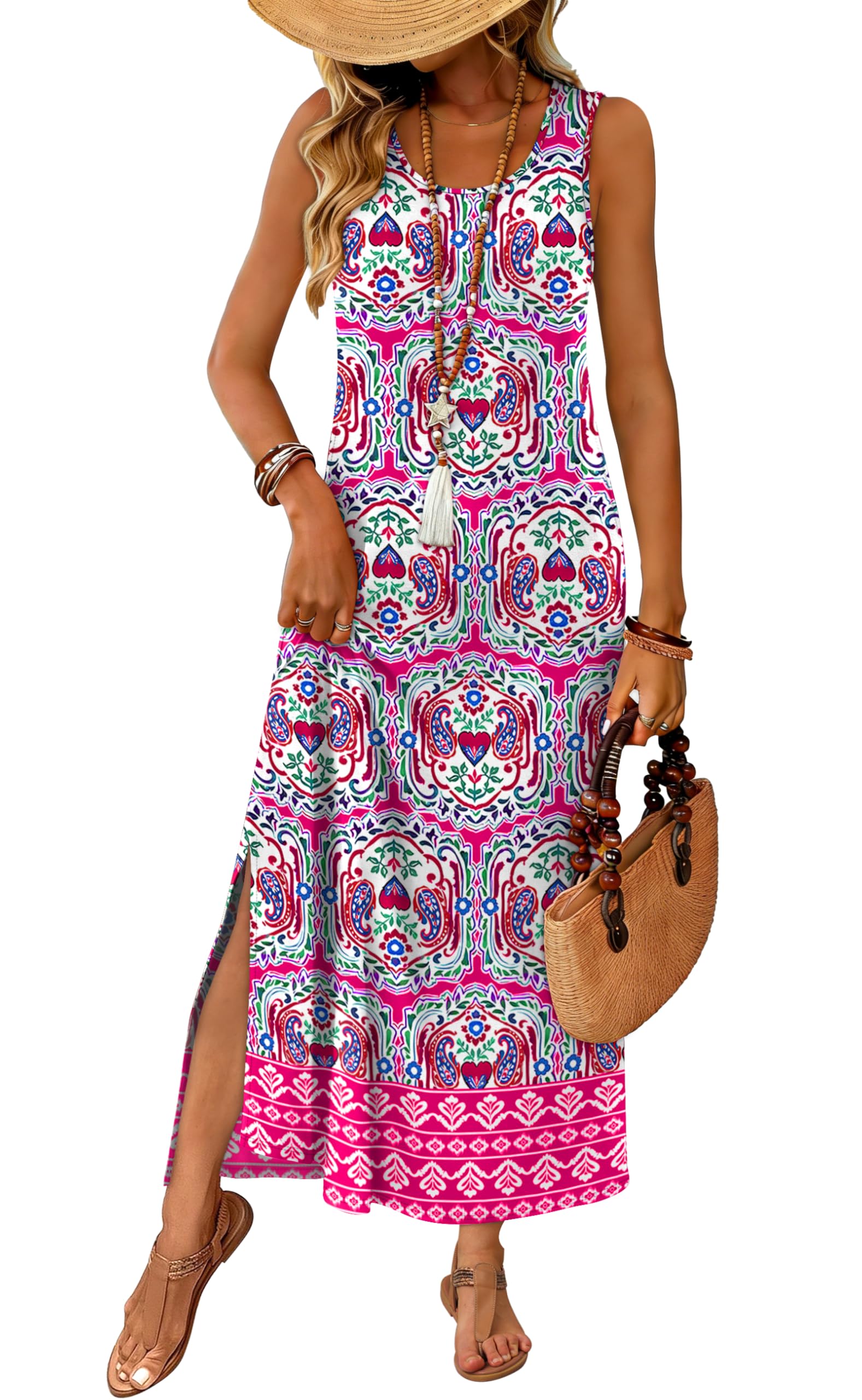 WIHOLL Maxi Dress Summer Dresses 2026 Beach Vacation Clothes Sleeveless Sundresses with Pockets Boho S-3XL