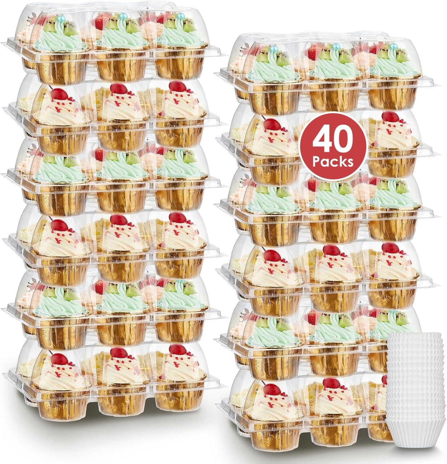(6 Count x 40 Sets) Stackable Cupcake Containers with 240 Pack Liners, Plastic Cupcakes Boxes Holders for 6 cakes, High Tall Dome Lid Cupcakes Carrier, Clear Cupcake Trays/Containers/Holders