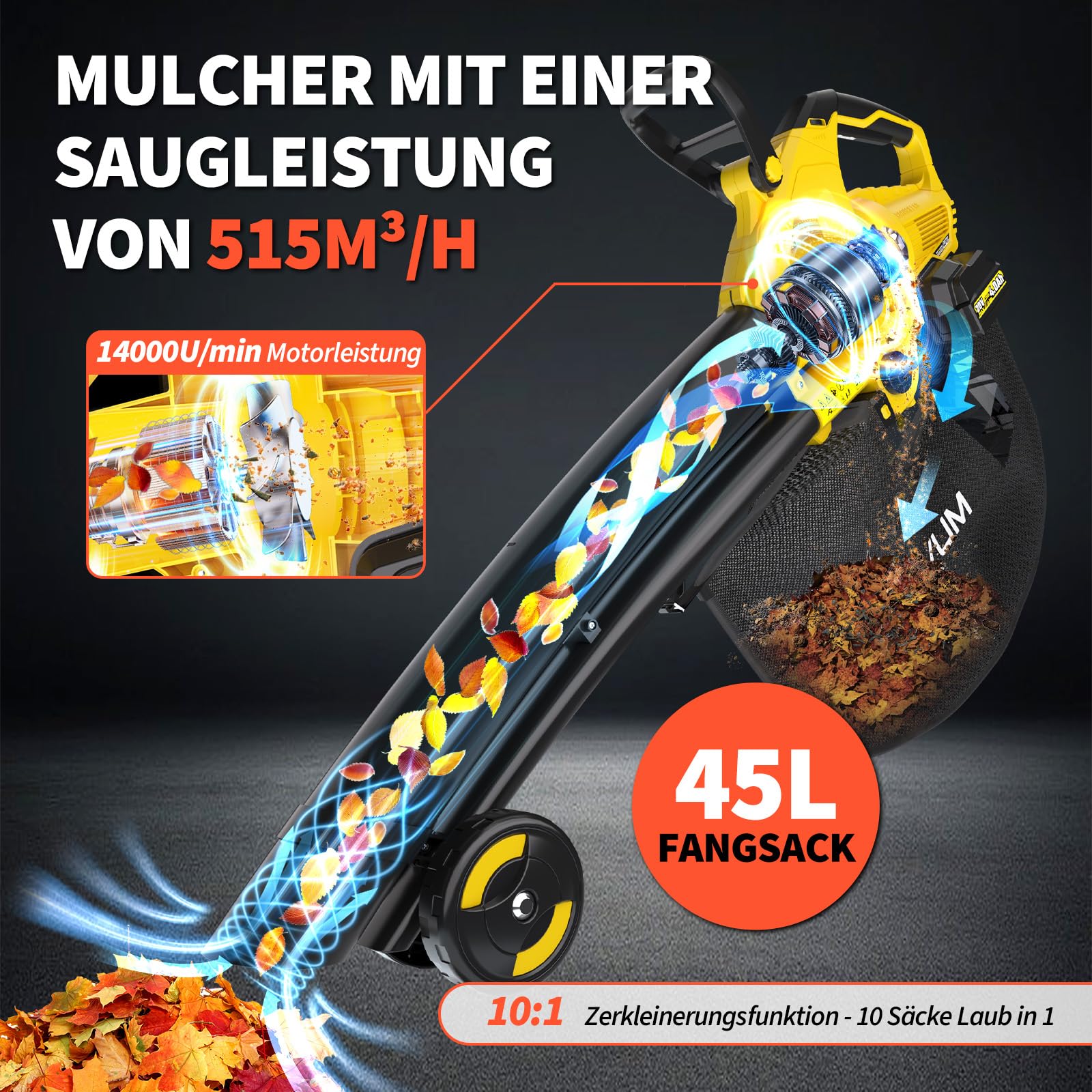 Laubsauger akku,40V Laubbläser Akku 2×4.0Ah mit Ladegerät,3-in-1-Laubbläser, Sauger und mulcher,6-Gang Kabellos Laubgebläse,Blasgeschwindigkeit 190km/h,Fangsack 45L für Garten