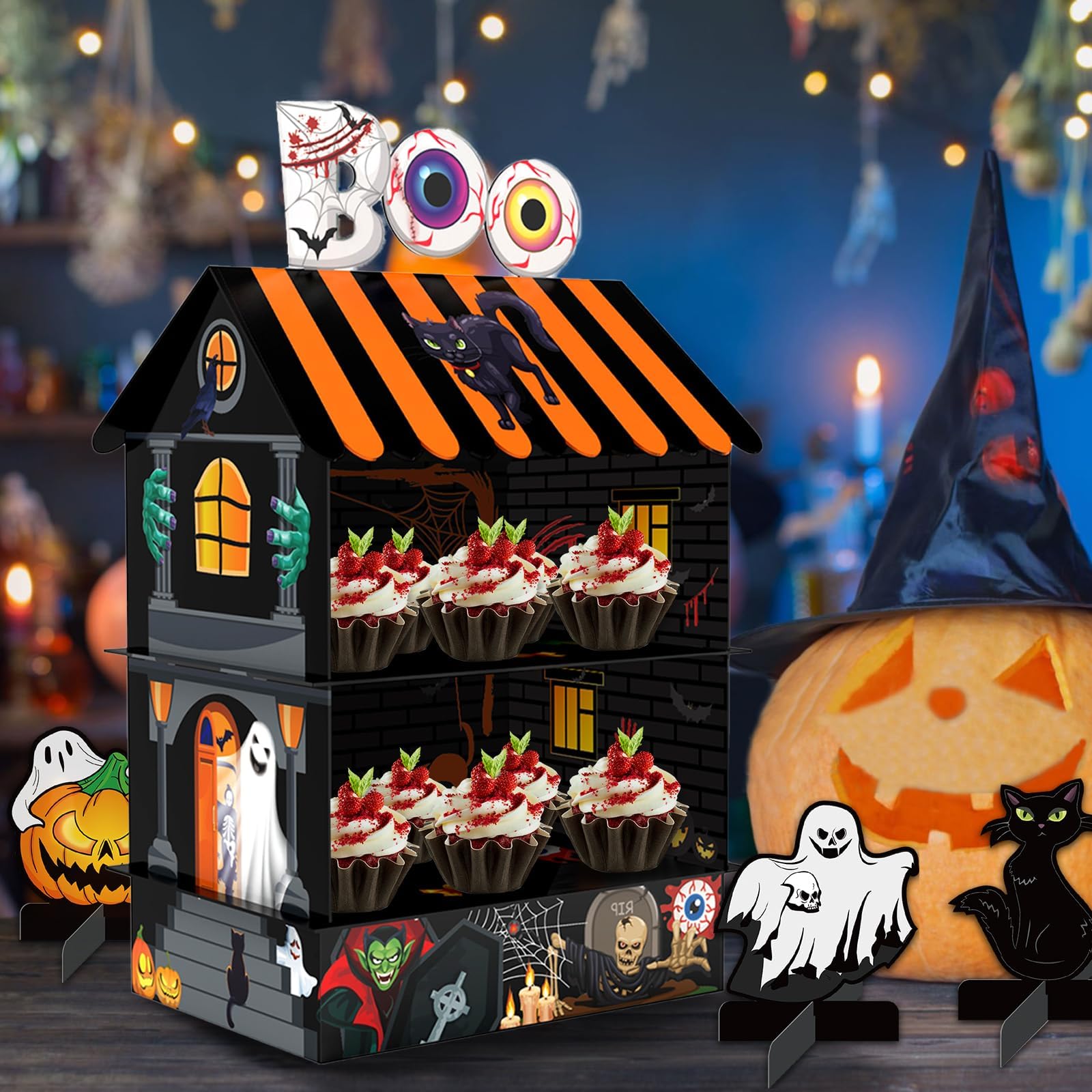 KALEFO Halloween Donut Party Decoration 2 Tier Spooky Zombie Dessert Stand Ghost Treat Holder for Party Supplies Favors Vampire House Cupcake Display Birthday Decor (Black)