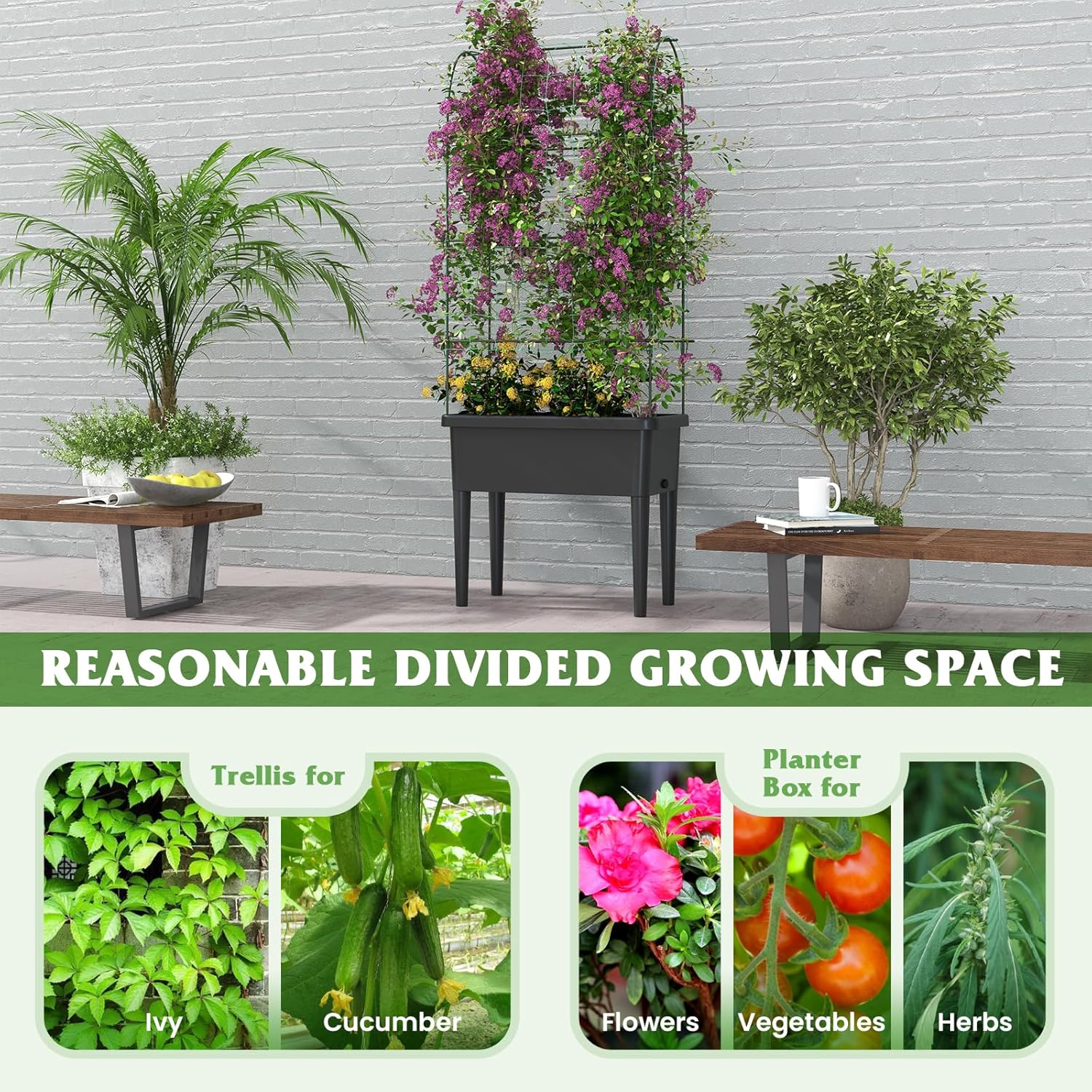 Black and Green Raised Garden Bed with Trellis and Self-Watering Planter
