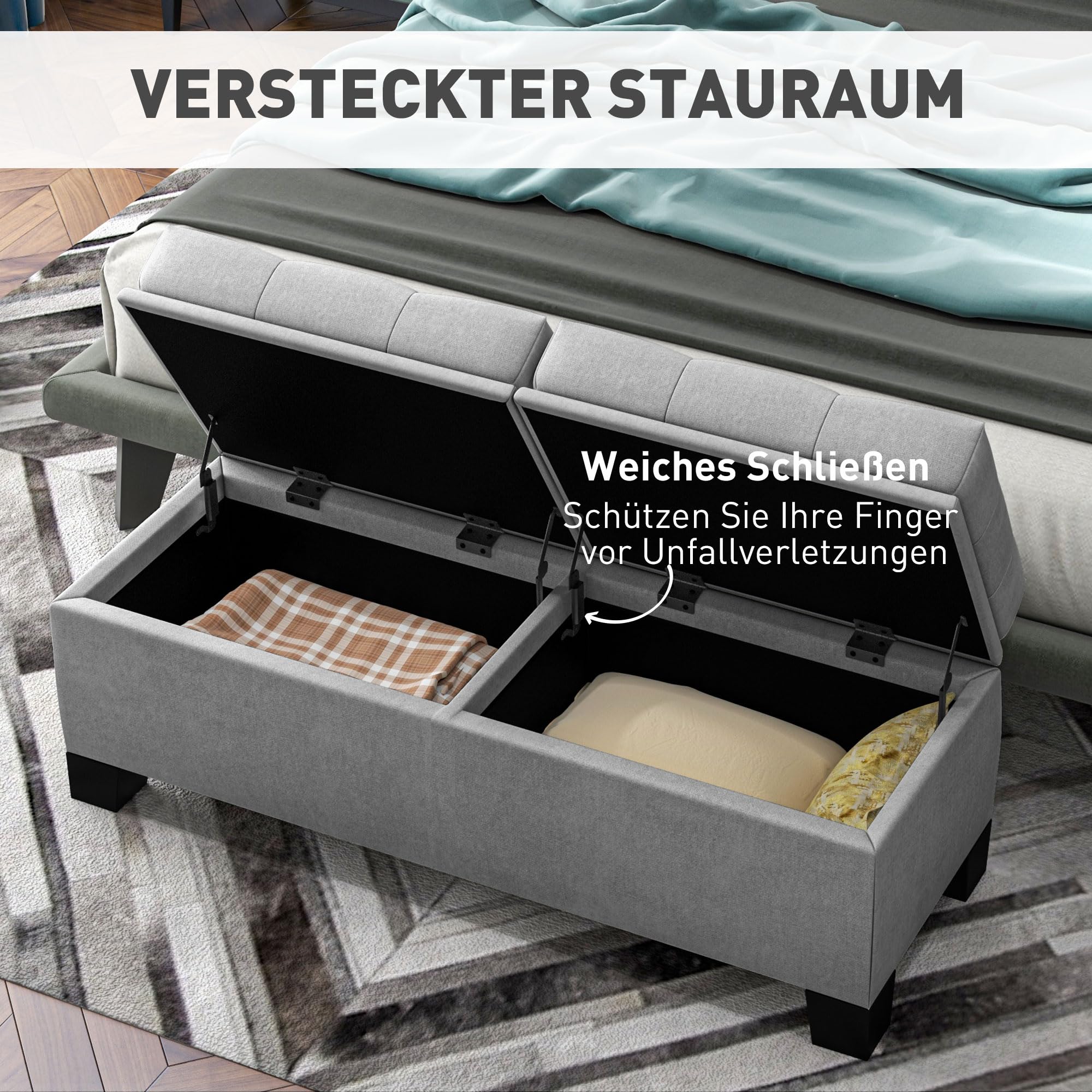 HOMCOM Sitzbank mit Stauraum Polsterbank bis 180kg 116x41x47 cm Grau | Gepolsterte Aufbewahrungsbox, Für Flur, Schlafzimmer, Wohnzimmer
