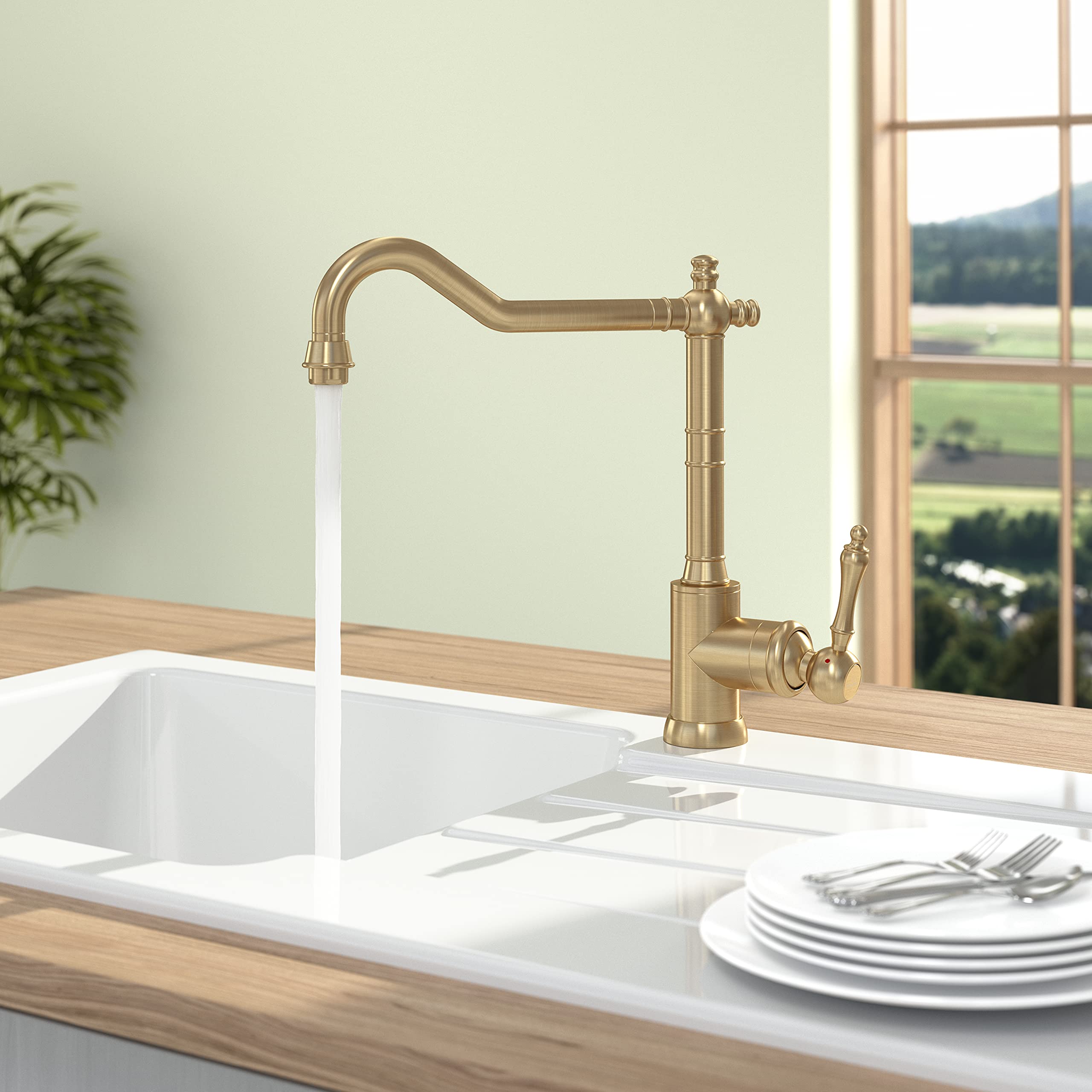 Villeroy & Boch Avia 2.0 Küchenarmatur, Hochdruck, Wasserhahn Küche mit Keramikkartusche und 360° Schwenkbereich, Spültischarmatur energiesparend, Auslauf Höhe 235mm, Gold