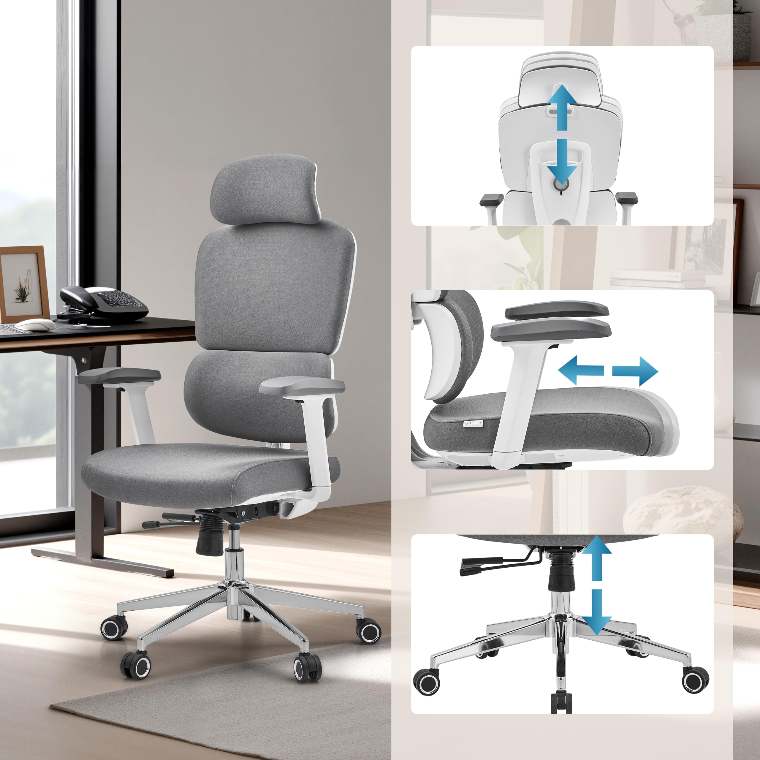 hjh OFFICE Ergonomiczne krzesło biurowe Ergomy WF 2 – krzesło obrotowe z regulowanym zagłówkiem, podłokietnikami 3D i mechanizmem synchronicznym – wytrzymałe obicie materiałowe, szare