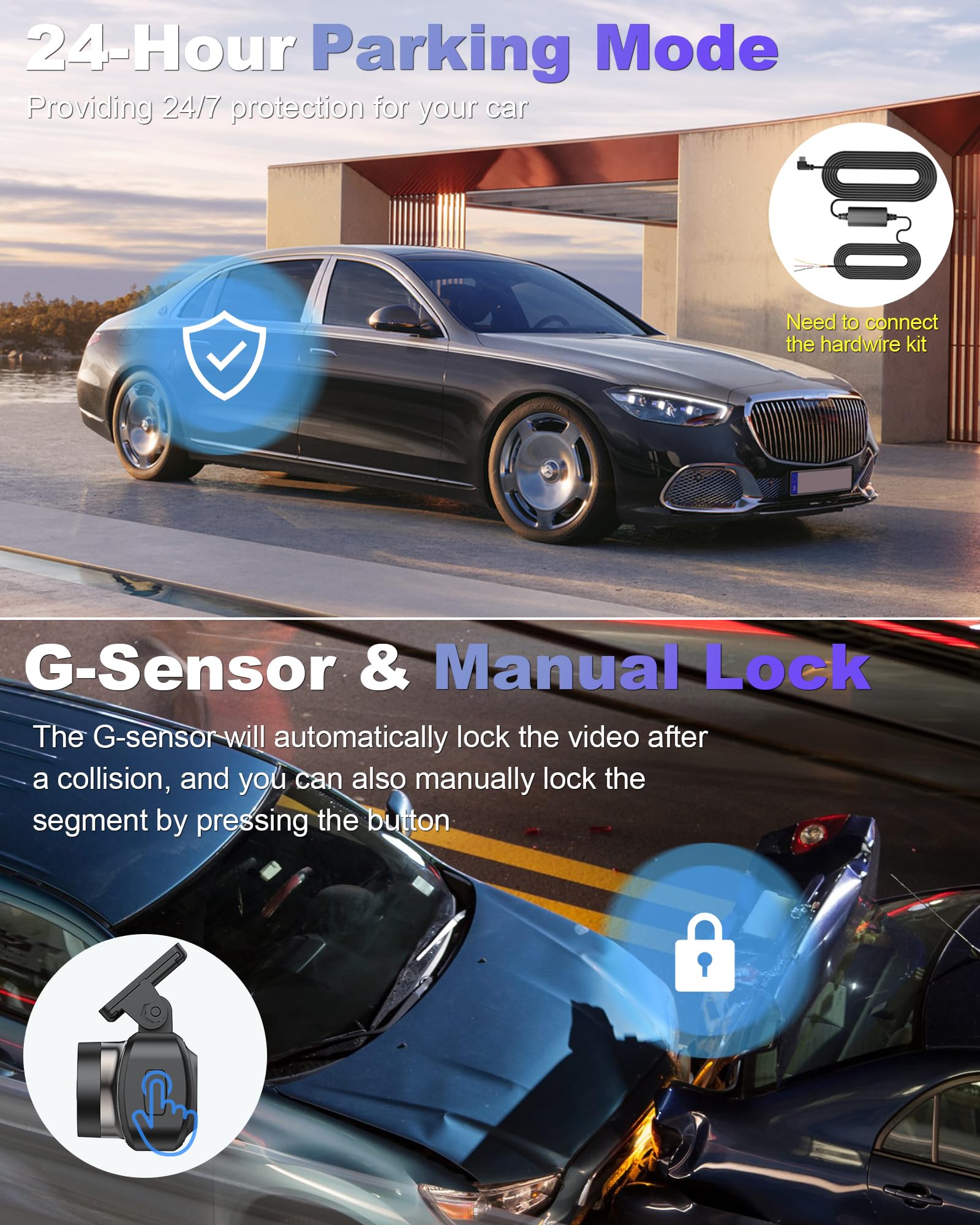 Dash Cam Front and Rear 4K+1080P, 5GHz WiFi, Dual Dashcam with 64GB Card, App Control, G-Sensor Emergency Recording, Loop Recording, 24H Parking Mode Supports, Dash Camera for Cars — view 4