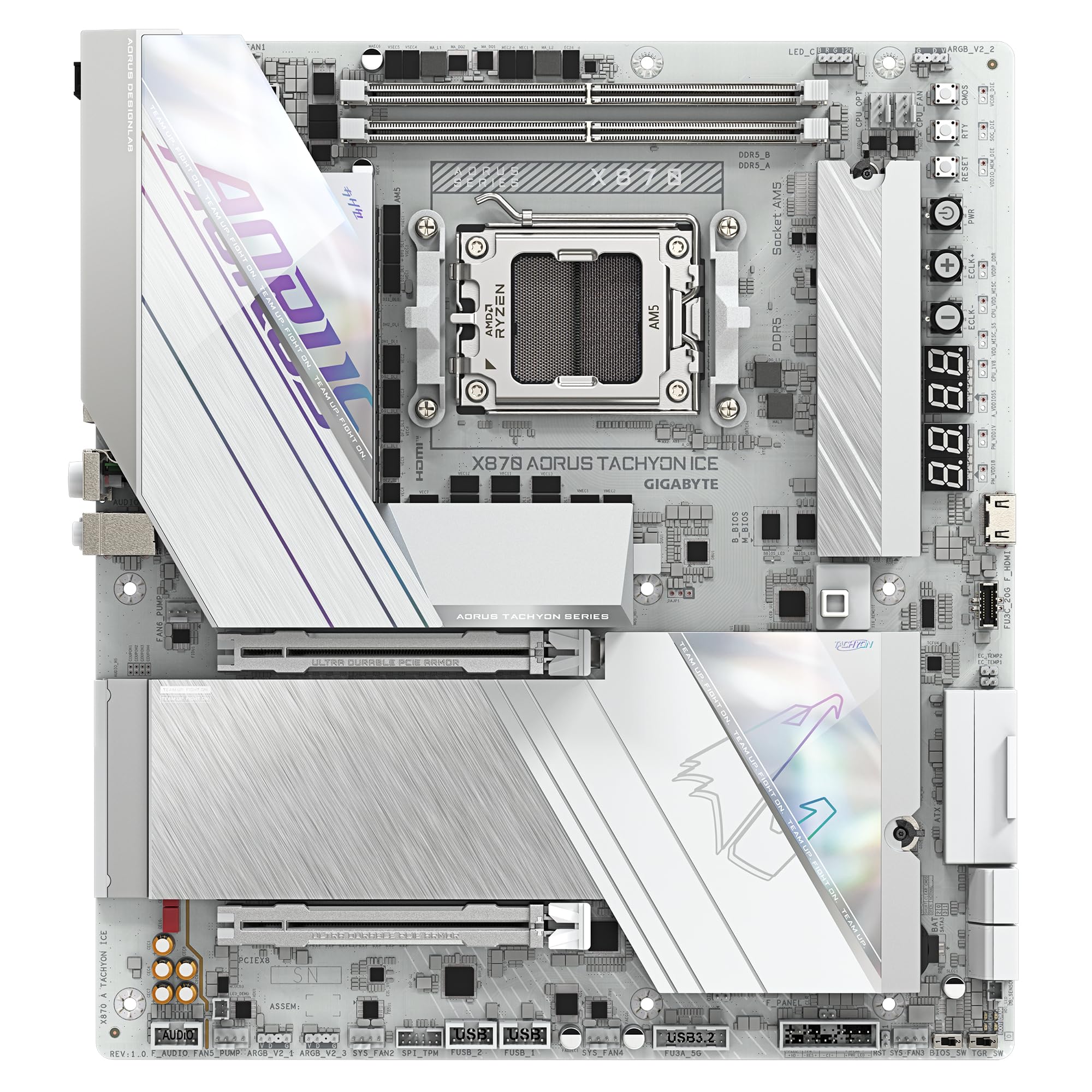 GIGABYTE Płyta główna X870 AORUS TACHYON ICE - obsługuje procesory AMD Ryzen 9000, 18+2+2-fazowy cyfrowy VRM, do 9600 Hz DDR5 (OC), 1 x PCIe 5.0 + 2 x PCIe 4.0, Wi-Fi 7, 5 GbE LAN, USB 4