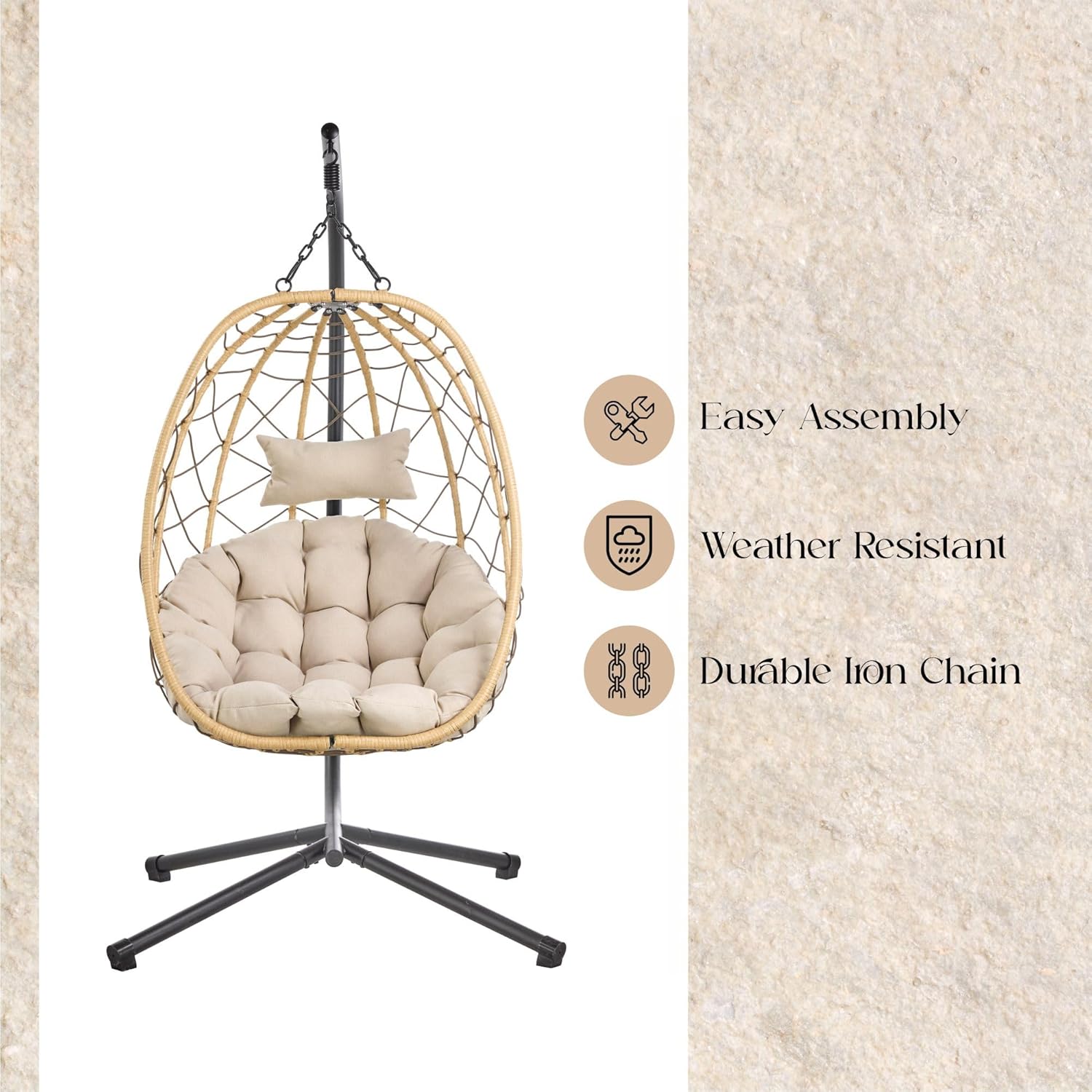 LeisureMod Outdoor Egg Chair with Stand, Hanging Swing Chair with Durable Brown Frame and Plush Beige Cushions, Hammock Basket Chair for Bedroom, Patio, Garden, Balcony