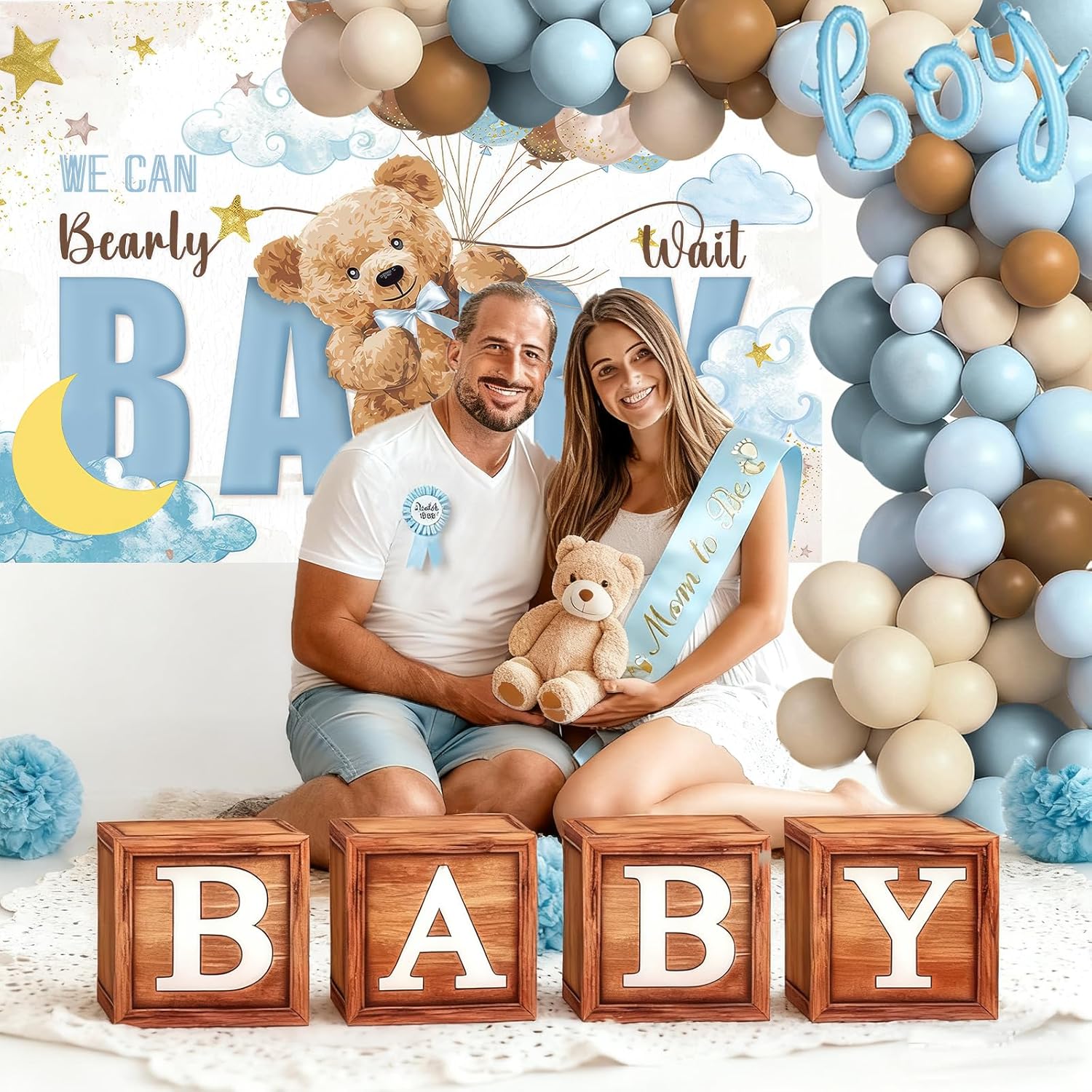 140pcs Teddy Bear Baby Boy Baby Shower Decorations We Can Bearly Wait Party Dusty Blue Brown Balloon Arch | Tacblecloth | Backdrop | 4PCS Baby Box | Baby Boy Foil Balloon | Dad Mom Sash Pin