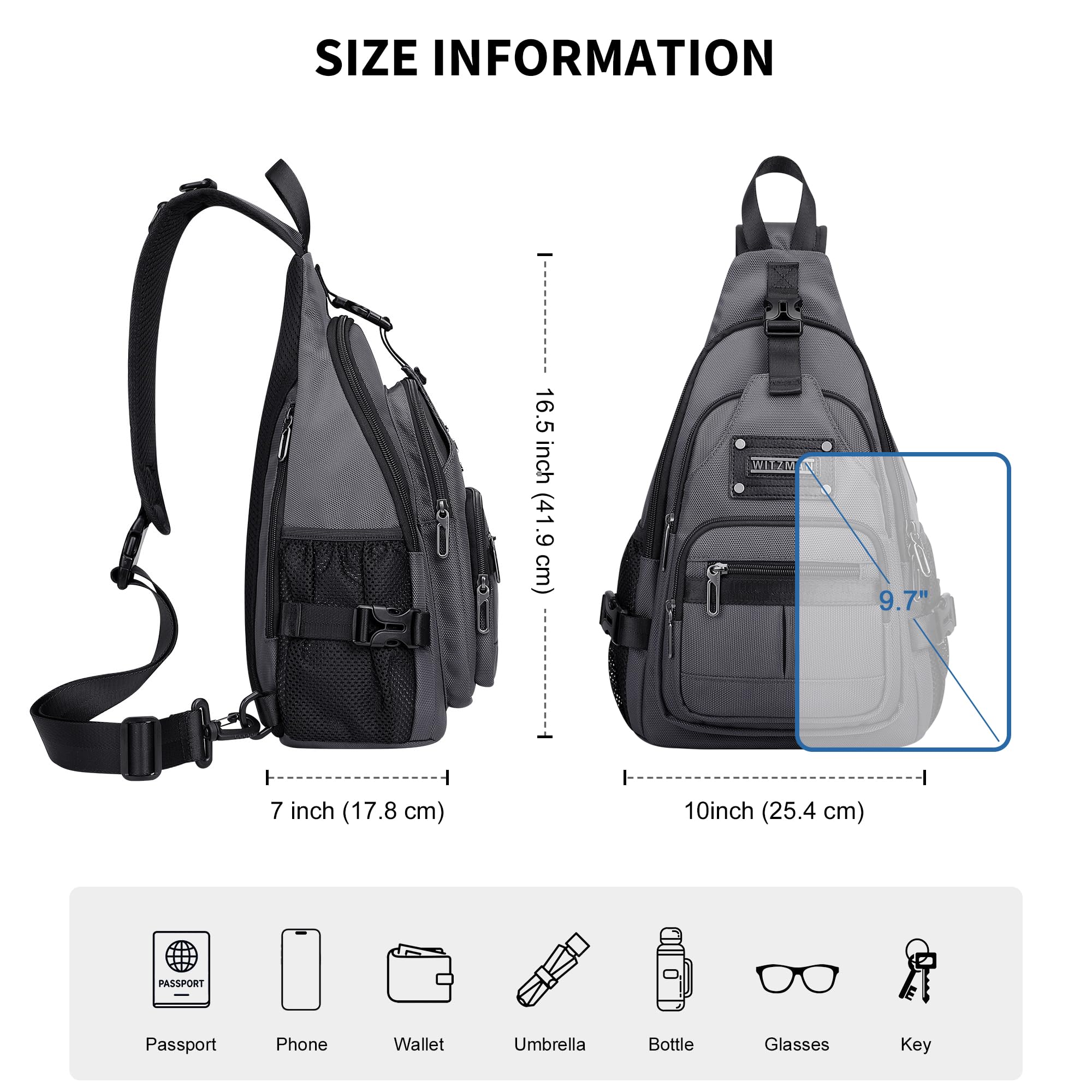 WITZMAN Umhängetasche für Herren 19L Reise Sling Bag mit USB-Ladeport