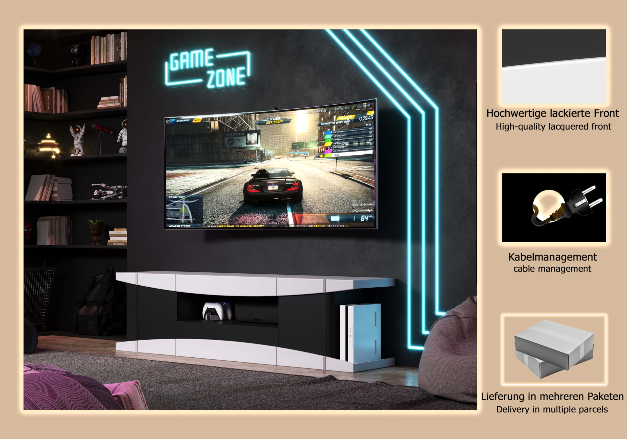 TV-Lowboard LevelUp Außen Weiß & Schwarz Matt Lack · B 180 x H 52 cm