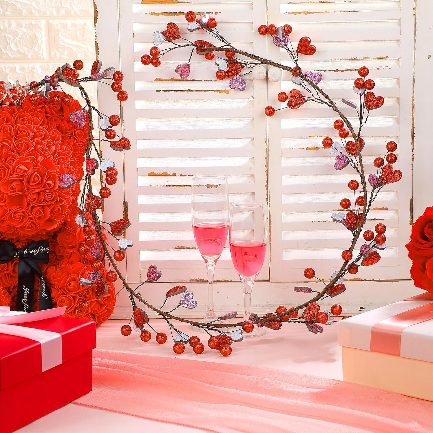 Jutom 6 ft Valentine's Day Garland for Mantel with String Lights Red Pink Berry Glitter Heart Garland Battery Operated Centerpiece Decorations for Valentine's Day Wedding Fireplace Stairs Table Decor