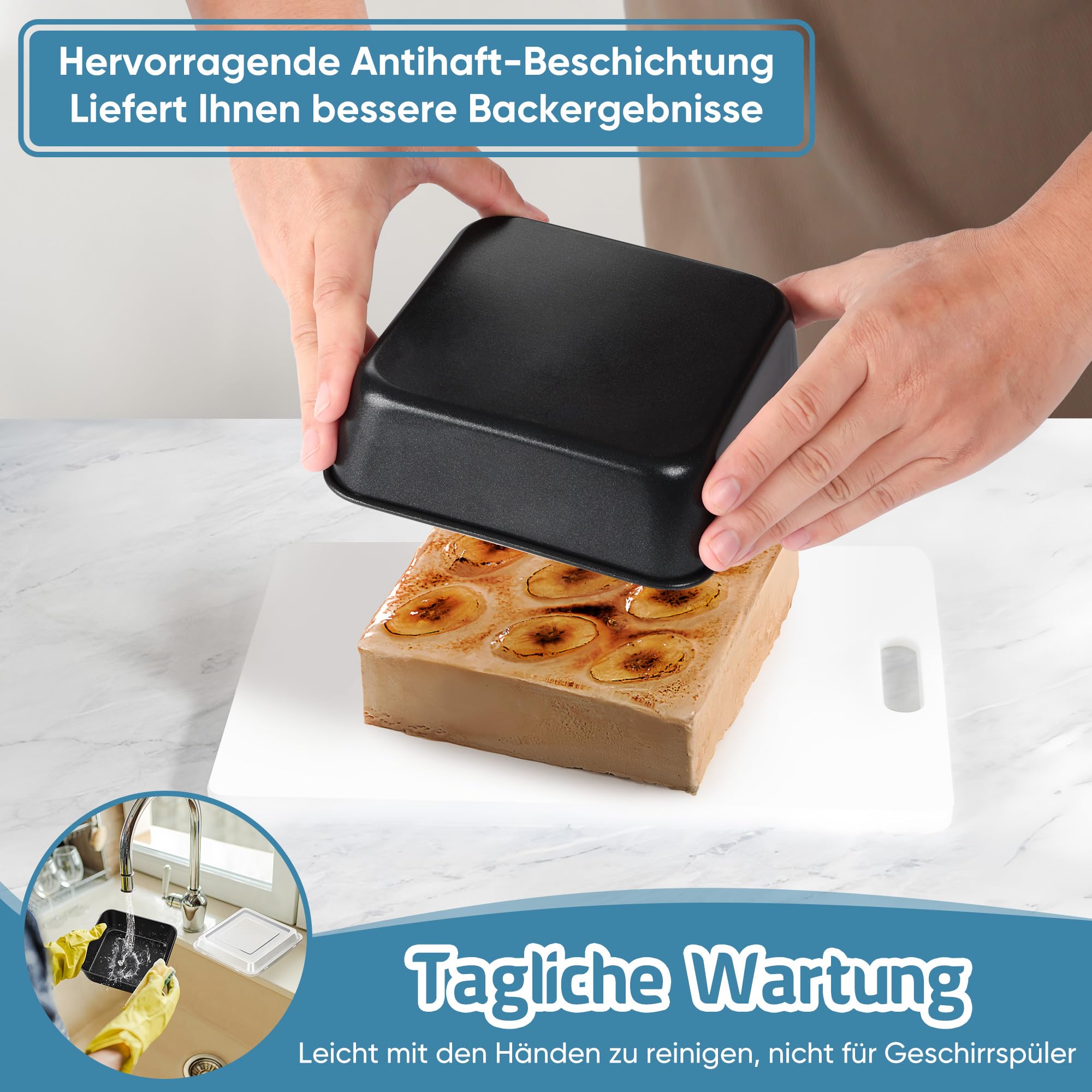 Quadratische Auflaufform 2er Set, Onader Edelstahl Eckig Kuchenform Backform mit Antihaftbeschichtung & Luftdichtem Deckel, Ideal für Kuchen/Brownie/Lasagne, Leicht zu reinige - 15,9 x 15,9 x 5cm