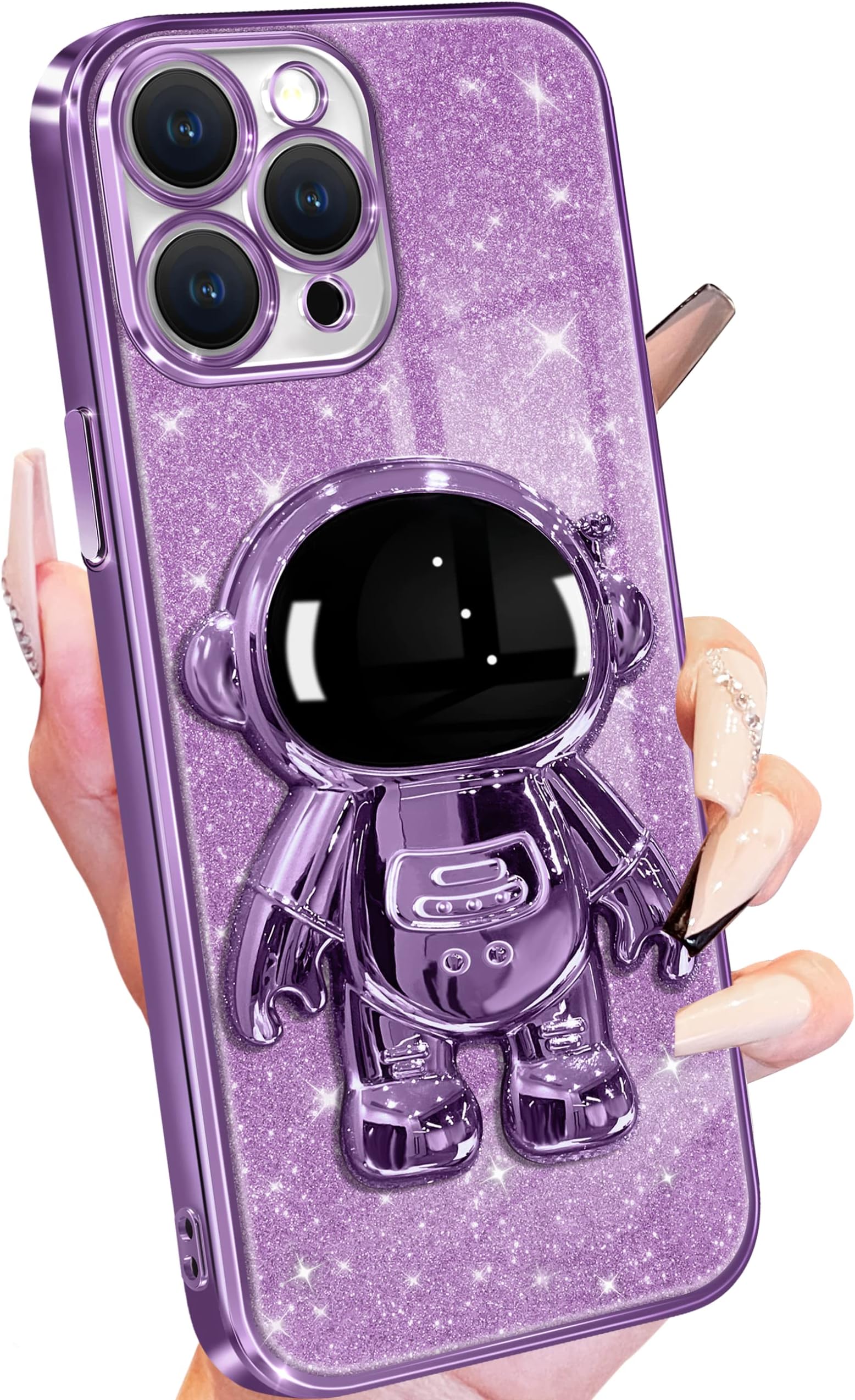 Buleens for iPhone 11 Pro Case Astronaut, Clear Cases for iPhone 11 Pro with Glitter Paper & Spaceman Stand, Women Girls Cute Electroplated Sparkly Space Phone Cover for 11 Pro Purple