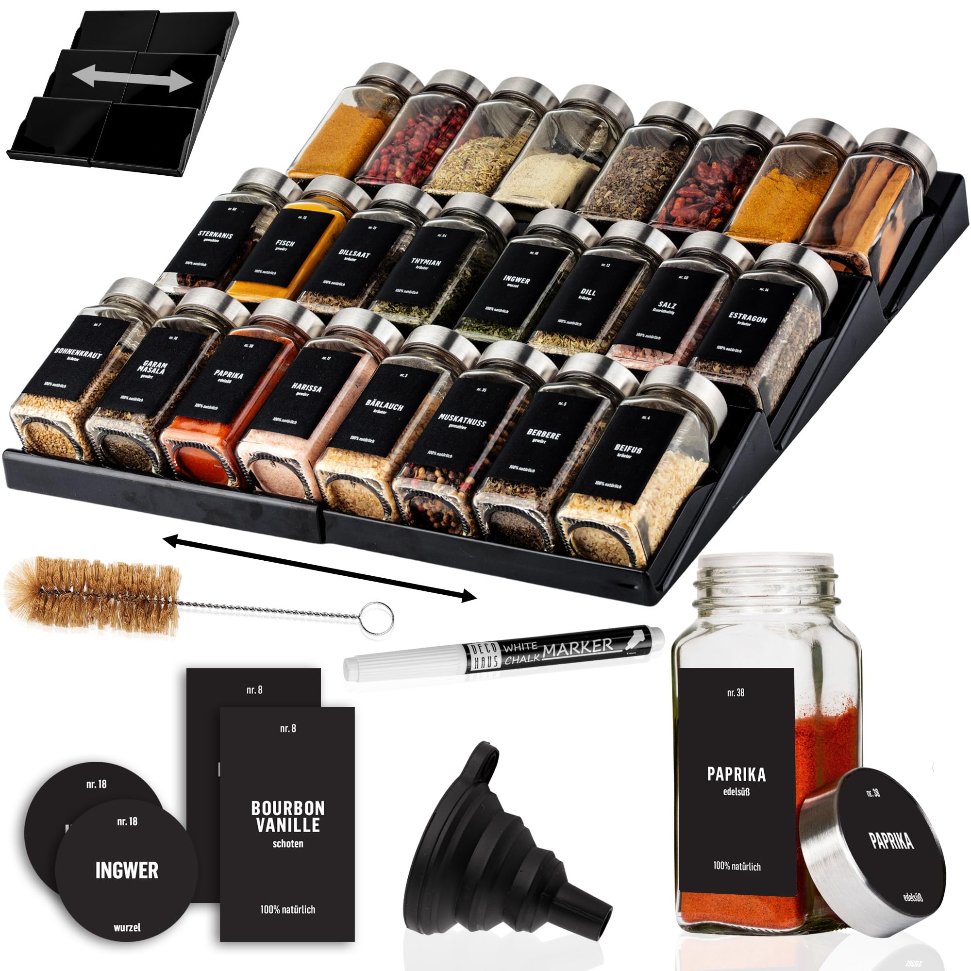 Deco haus® Gewürzregal Schublade [MIT 24 GEWÜRZGLÄSER & ETIKETTEN] - Gewürze Organizer - Gewürzeinsatz Schublade - Gewürzschublade Organizer mit Gläser - Schubladeneinsatz Gewürze