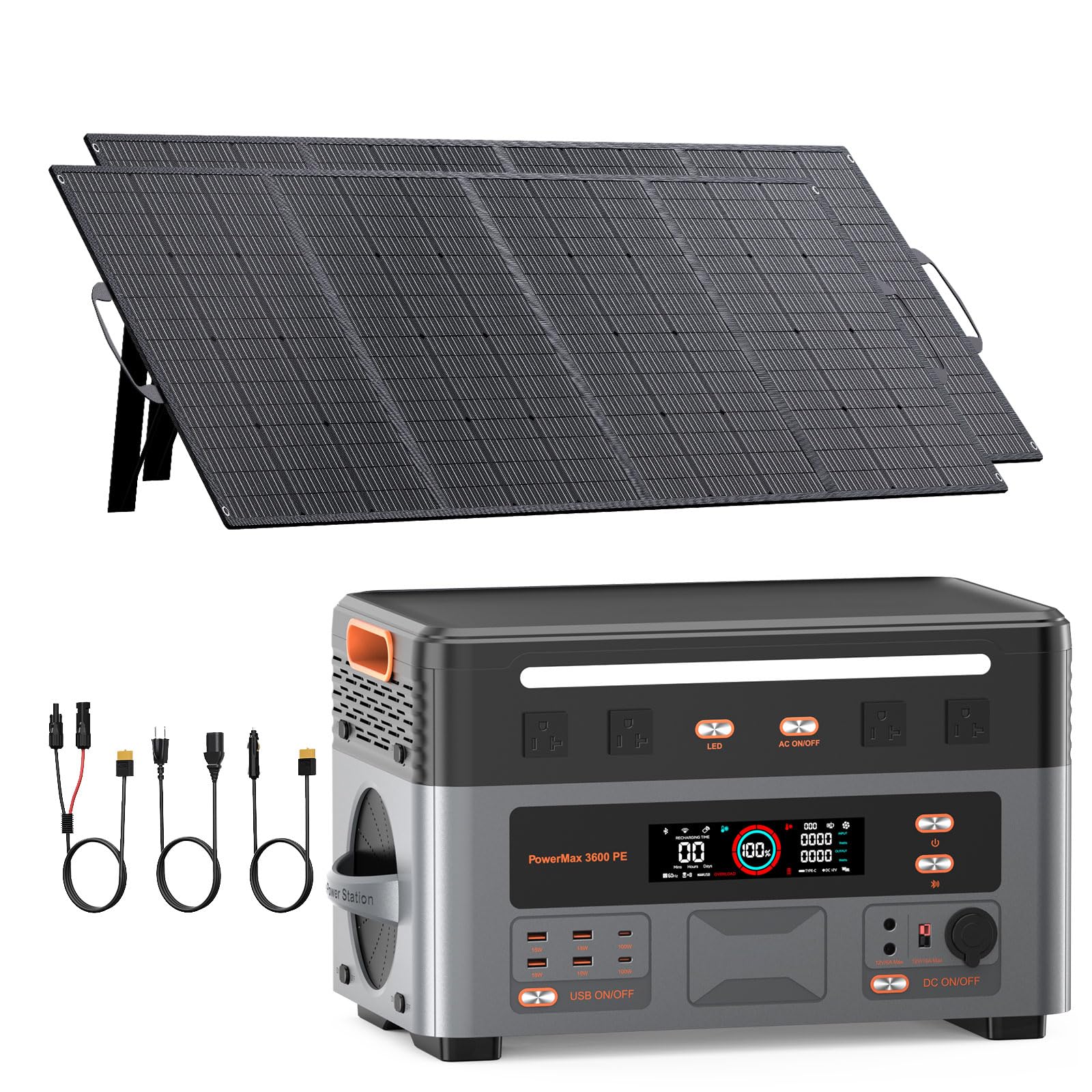 3600W Solargenerator mit 2x400w Solarpanel, 2016Wh Tragbare Powerstation, LiFePO4 Akku, 0–80% in 45Min, USV, 14 Ausgänge, APP, Portable Power Station für Camping, Wohnmobil, PowerMax 3600PE
