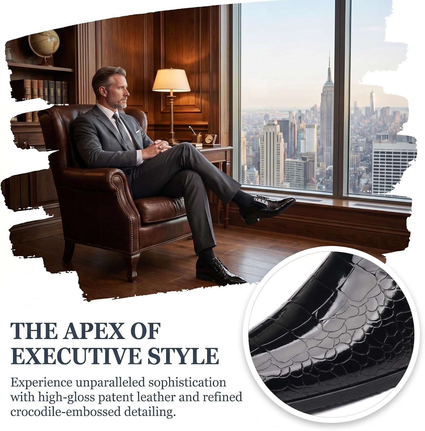 Men's Crocodile Print Patent Leather Oxfords - Formal Business Lace-Up Dress Shoes for Wedding Prom Tuxedo