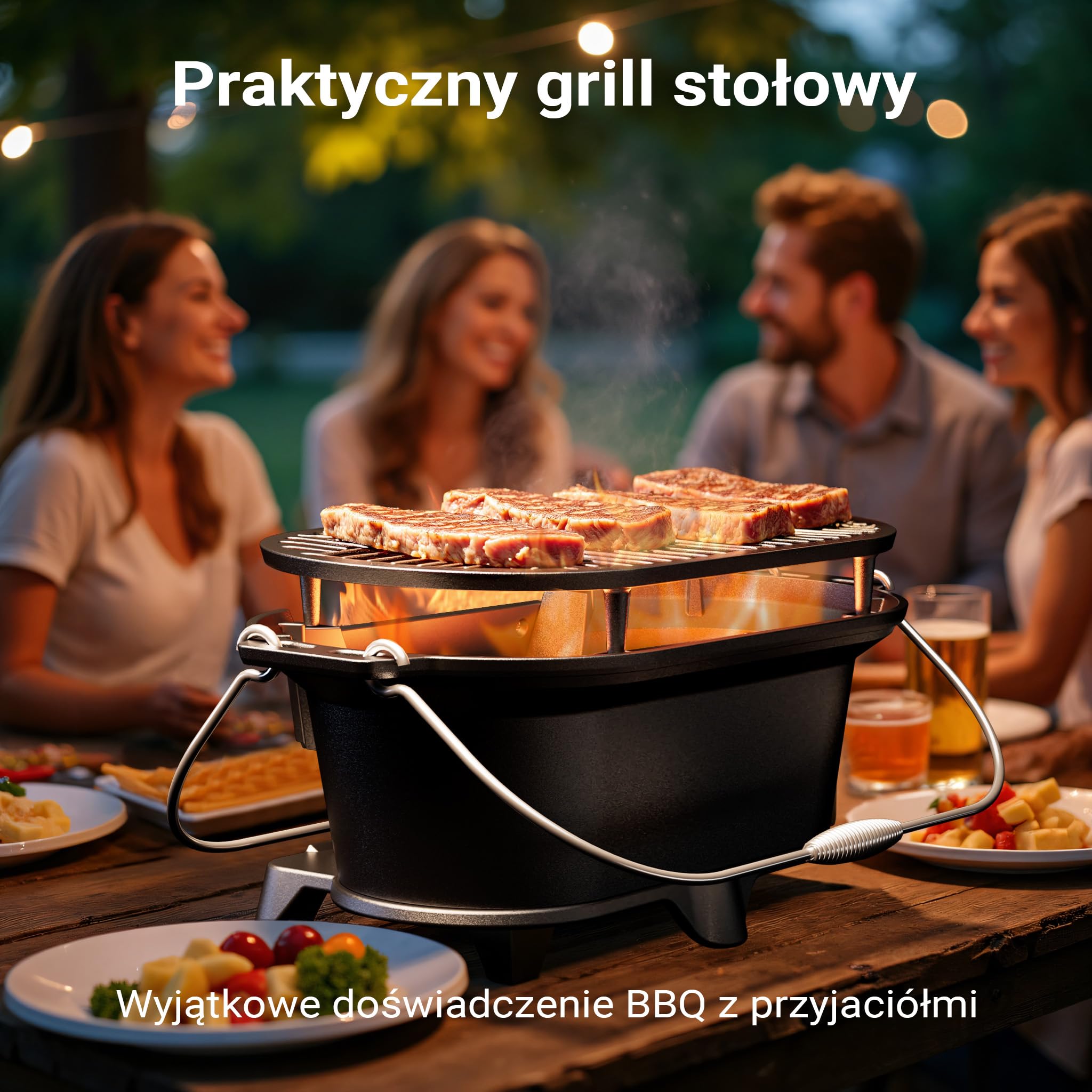 Wiltec Przenośny grill żeliwny o wymiarach 500 x 270 x 210 mm, z uchwytami i płytą do grillowania, miska na węgiel z otworem wentylacyjnym