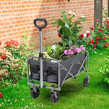 Collapsible Folding Wagon Cart, Heavy Duty Garden Cart with Drink Holders and 360 Big Wheels, Portable Lightweight Utility Shopping Carts for Outdoor Camping Sports, 220lbs Large Capacity