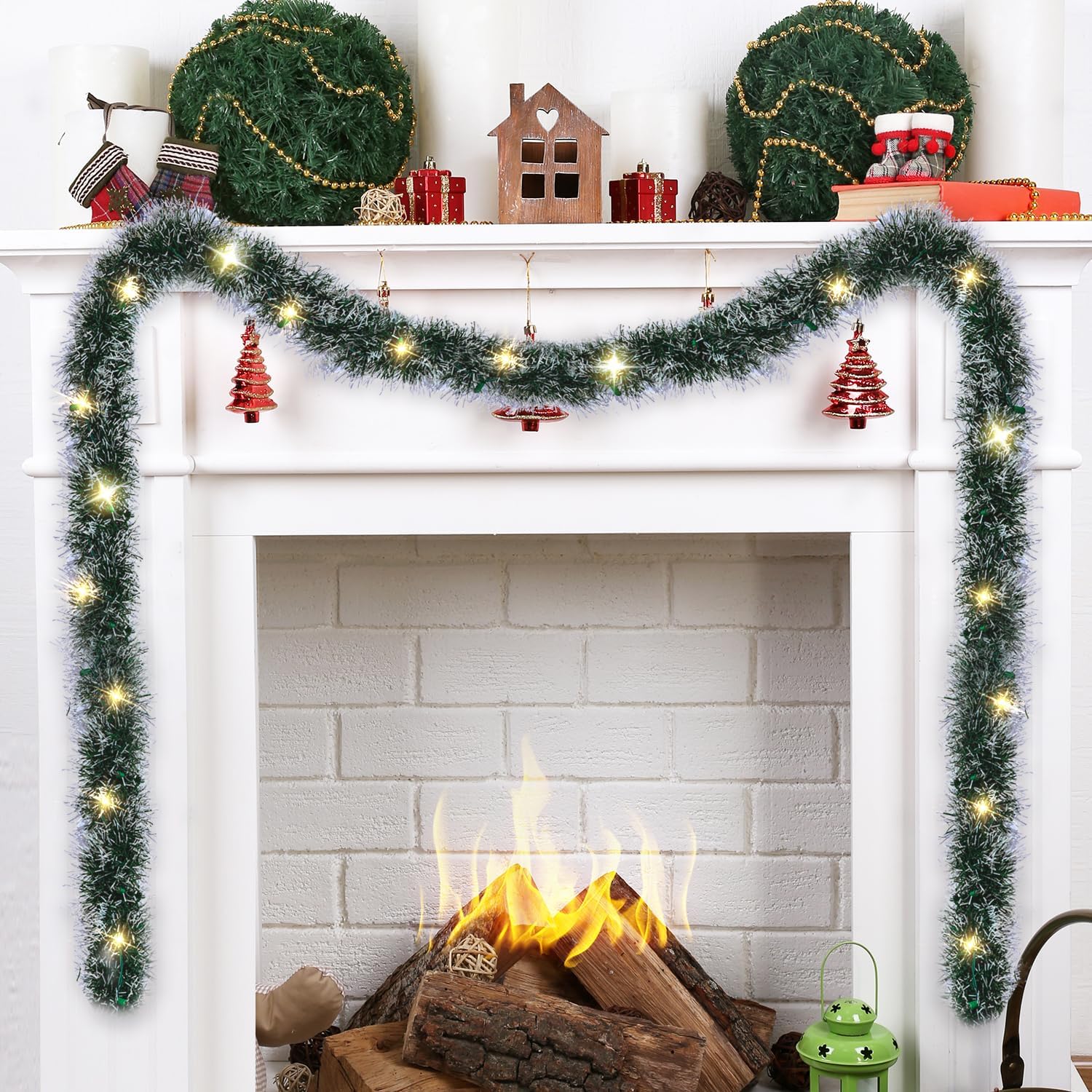 15FT Lighted Garland Plug in, Prelit Artificial Christmas Garland with Clear Incandescent Lights, Xmas Holiday Decor for Stairs Wall Door, Indoor Outdoor Garlands 1-Pack