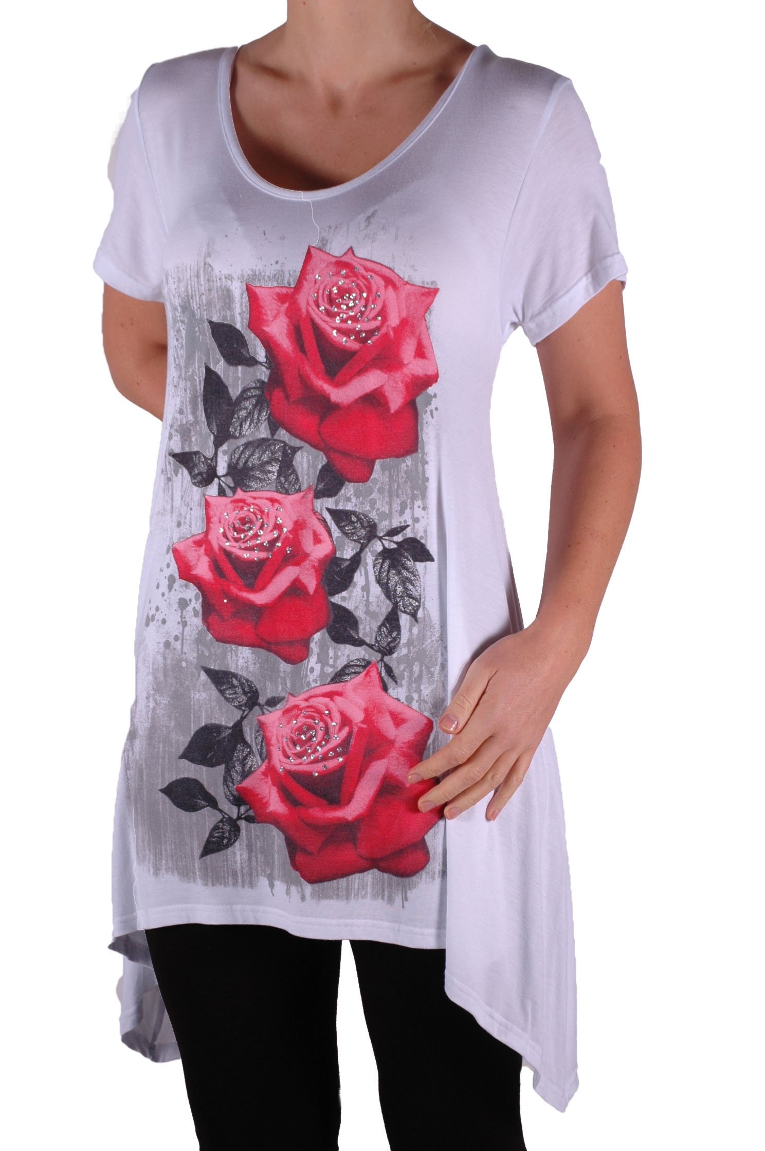 Eye Catch Plus - Tulip Long Draped Ladies Rose Motif Short Sleeve Stretch Top - Comfortable and Adjustable - Sizes 14-28