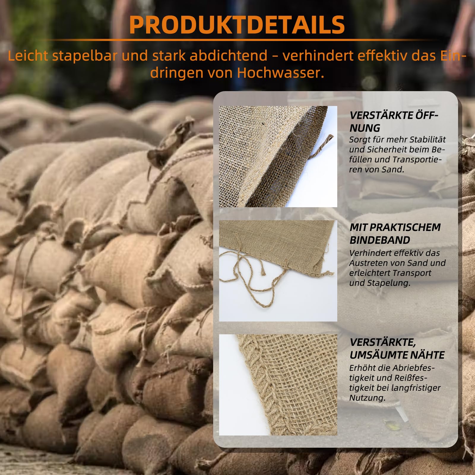Jutesandsäcke, ungefüllte Hochwassersäcke mit Kabelbindern, robust, belastbar bis zu 20 kg, 30 x 60 cm, 20er-Pack