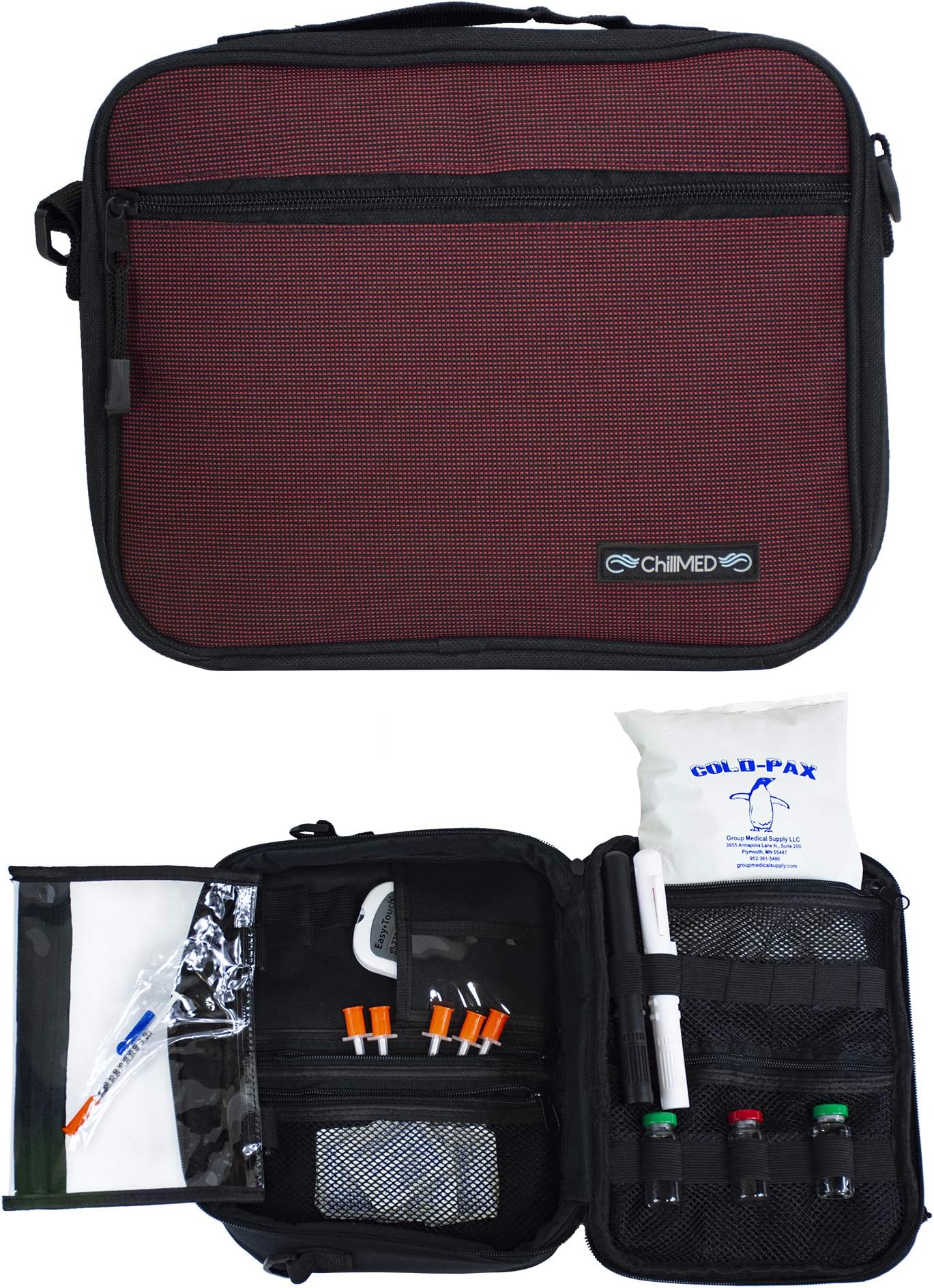 Premier Diabetic Supply Organizer | Travel Bag with Shoulder Strap and One 24 oz Cold Pack - Up to 24 Hours of Cool Time - 11" x 9" x 3" (Burgundy)