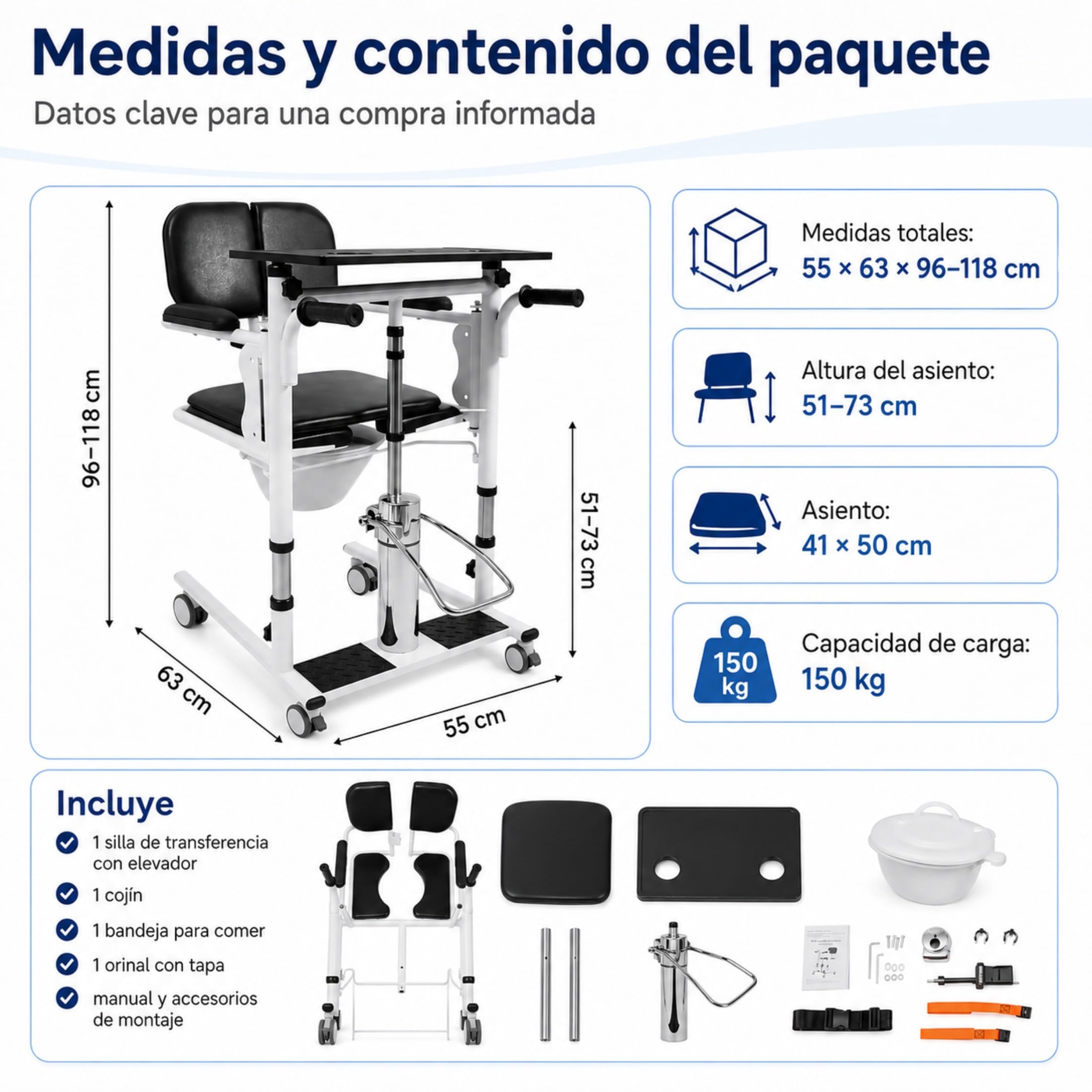 Elevador hidráulico para pacientes, silla de transferencia, 150 kg, altura regulable, silla de ducha con ruedas, silla para inodoro, asiento plegable de 180°, 4 ruedas de freno con bandeja + orinal
