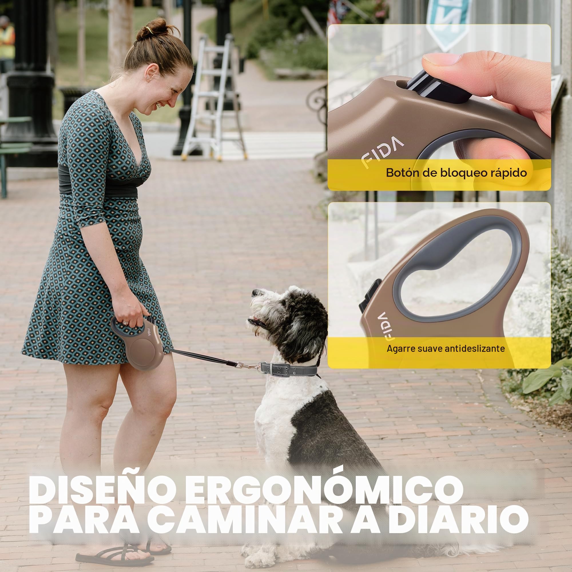 Fida Correa retráctil para Perro, Correa Resistente de 3 m para pasear Mascotas para Perros o Gatos pequeños de hasta 8 kg, sin enredos, Freno con una Sola Mano (XS, café)
