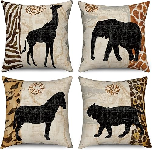 Juego de 4 fundas de almohada de animales africanos de 20 x 20 pulgadas, con patrón de leopardo, funda de cojín para sala de estar al aire libre,