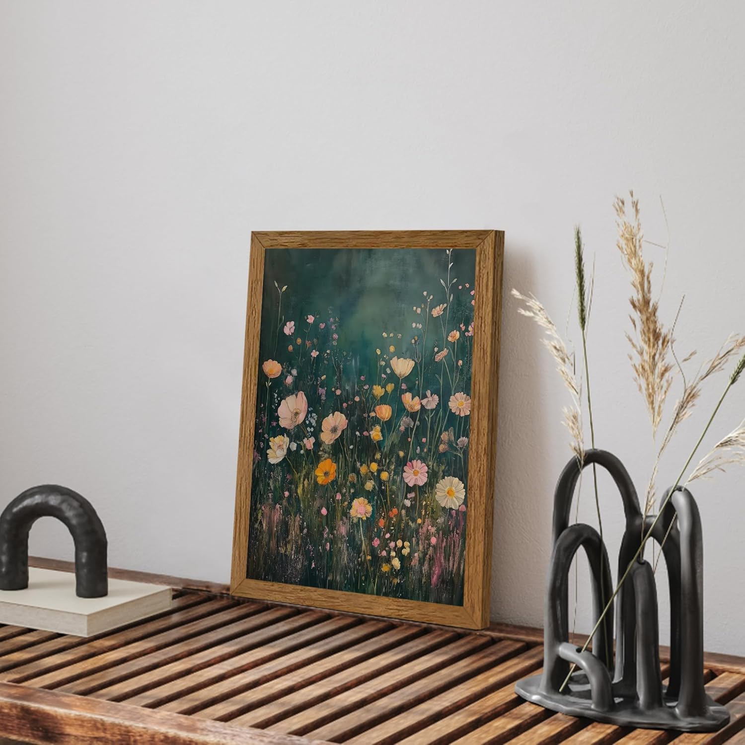 JLTULT Framed Vintage Pink Tone Floral Canvas Wall Art, Farmhouse Flower Landscape Pictures Wall Decor, Botanical Wildflower Field Art Print for Bedroom Living Room Bathroom Home Decoration 12x16 in - Image 2