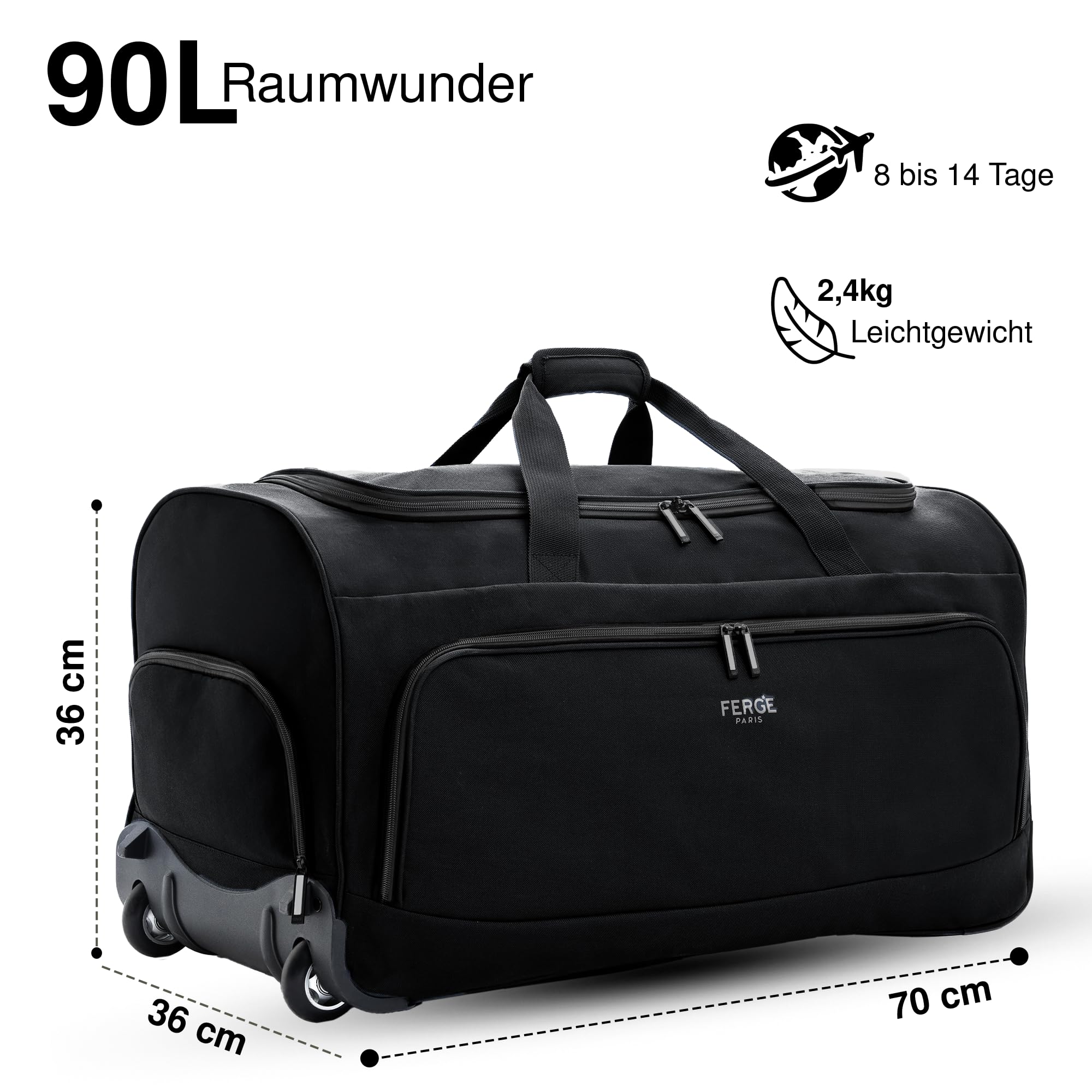 FERGÉ Reisetasche mit Rollen Paris | Separates Schuhfach Weichgepäck Trolley Reisetasche Weekender Paris 90 Liter, schwarz