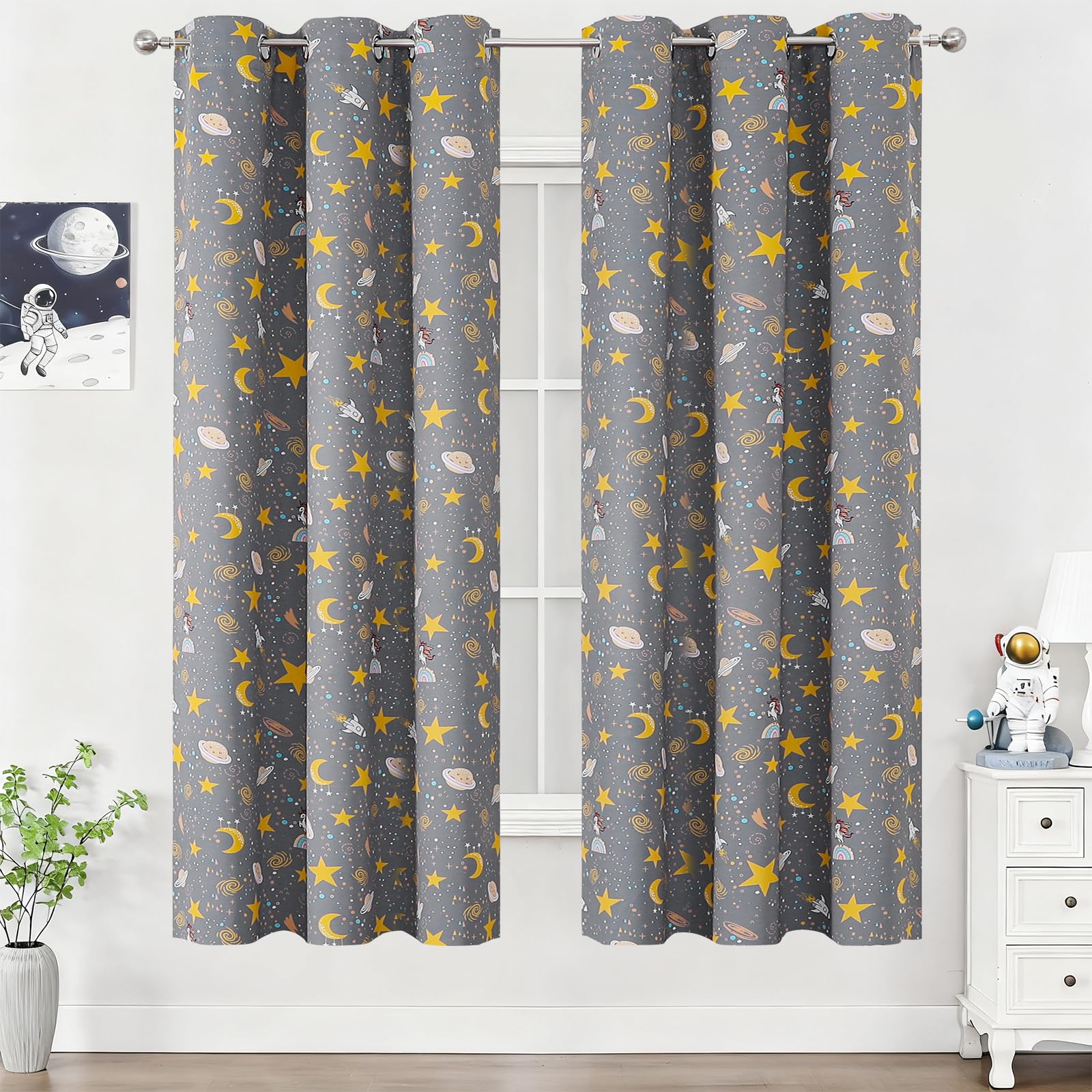 Grey Unicorn Planet Room Darkening Curtains 72 Inch Long for Kids Bedroom