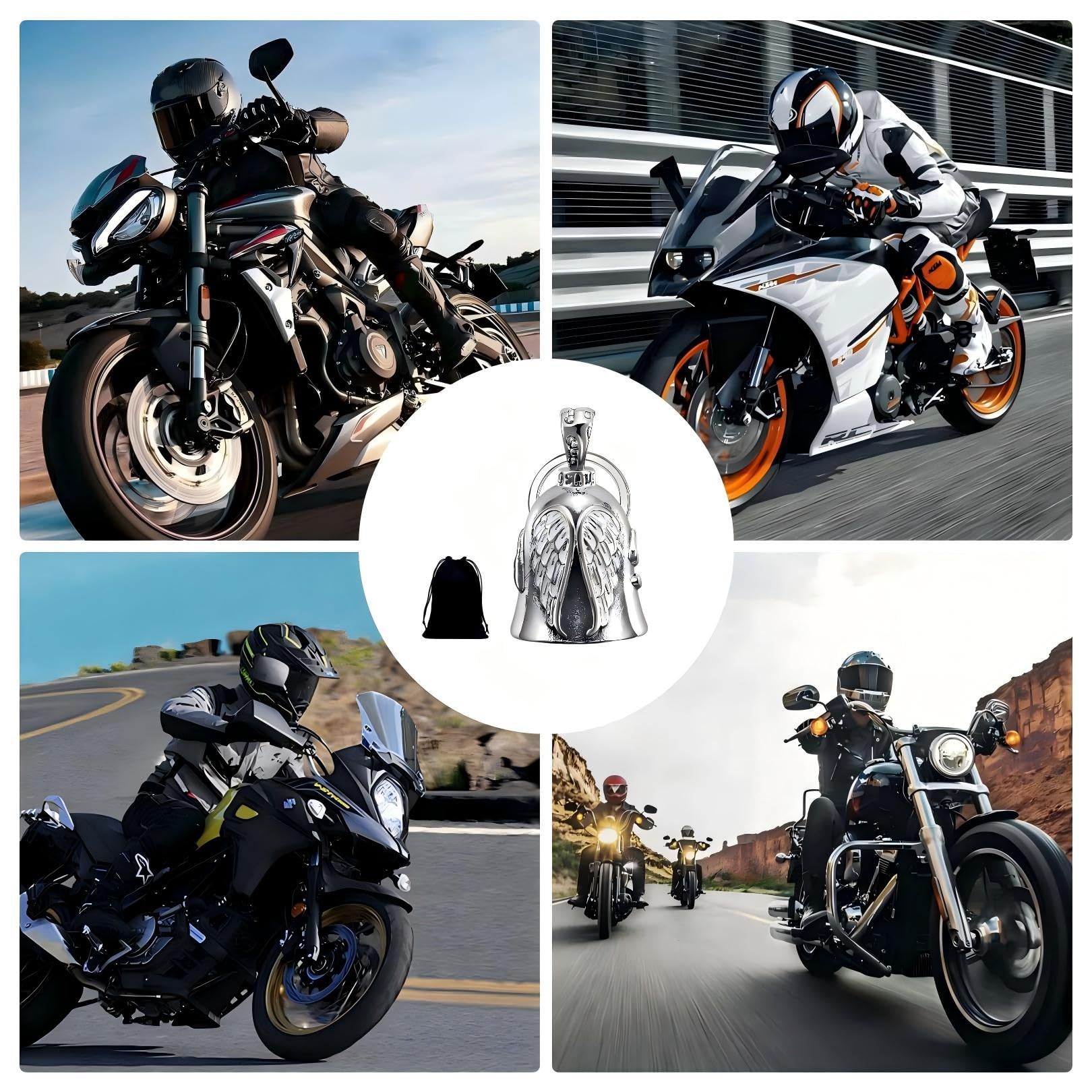 NOASUNG Guardian Bell Biker Bell, Motorrad Glocke Glücksbringer, Edelstahl Motorradglocke, Schutzglocke Engel Reitglocke, Motorradglocke Schlüsselanhänger für Segne Den Frieden & Glück - 4