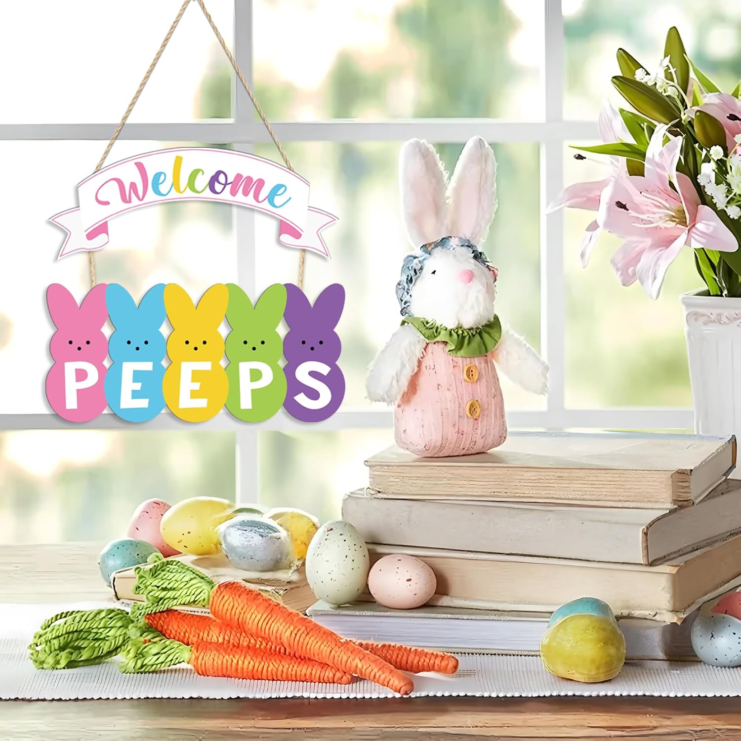 Easter Wooden Door Wreath for Front Door Sign Welcome Peeps Wood Hanging Sign Decorations Cute Bunny Rabbit Welcome Doors Hanger for Spring Easter Home Farmhouse Party Indoor Outdoor Porch Wall Decor - Image 7