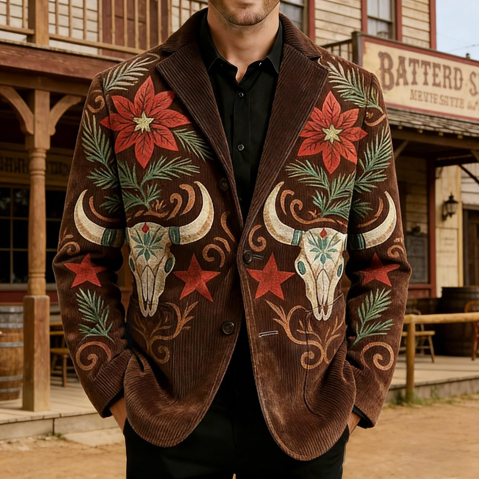 Genérico Chaqueta Traje Hombre Blazer Hombre Estilo Western Americana Pana Vintage Impresa Casual Elegante para Fiesta Eventos