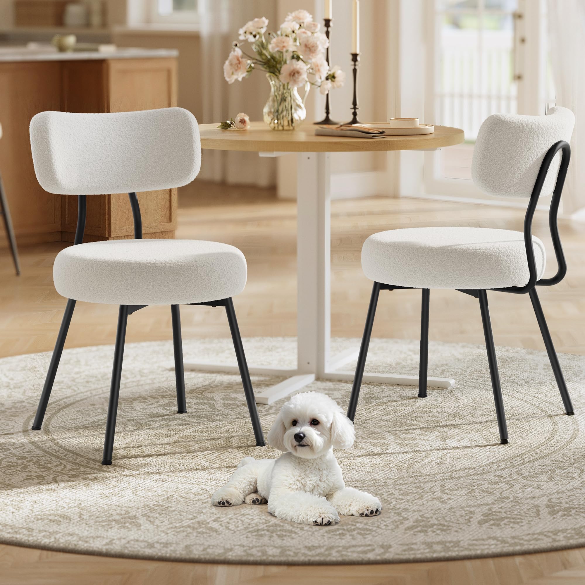 Photo 1 of VASAGLE Boucle Dining Chairs Set of 2, Upholstered Kitchen Dining Room Chairs with Curved Backrest and Steel Frame, Modern Mid Century, Round, for Vanity, Living Room, Cream White UKDC110W01