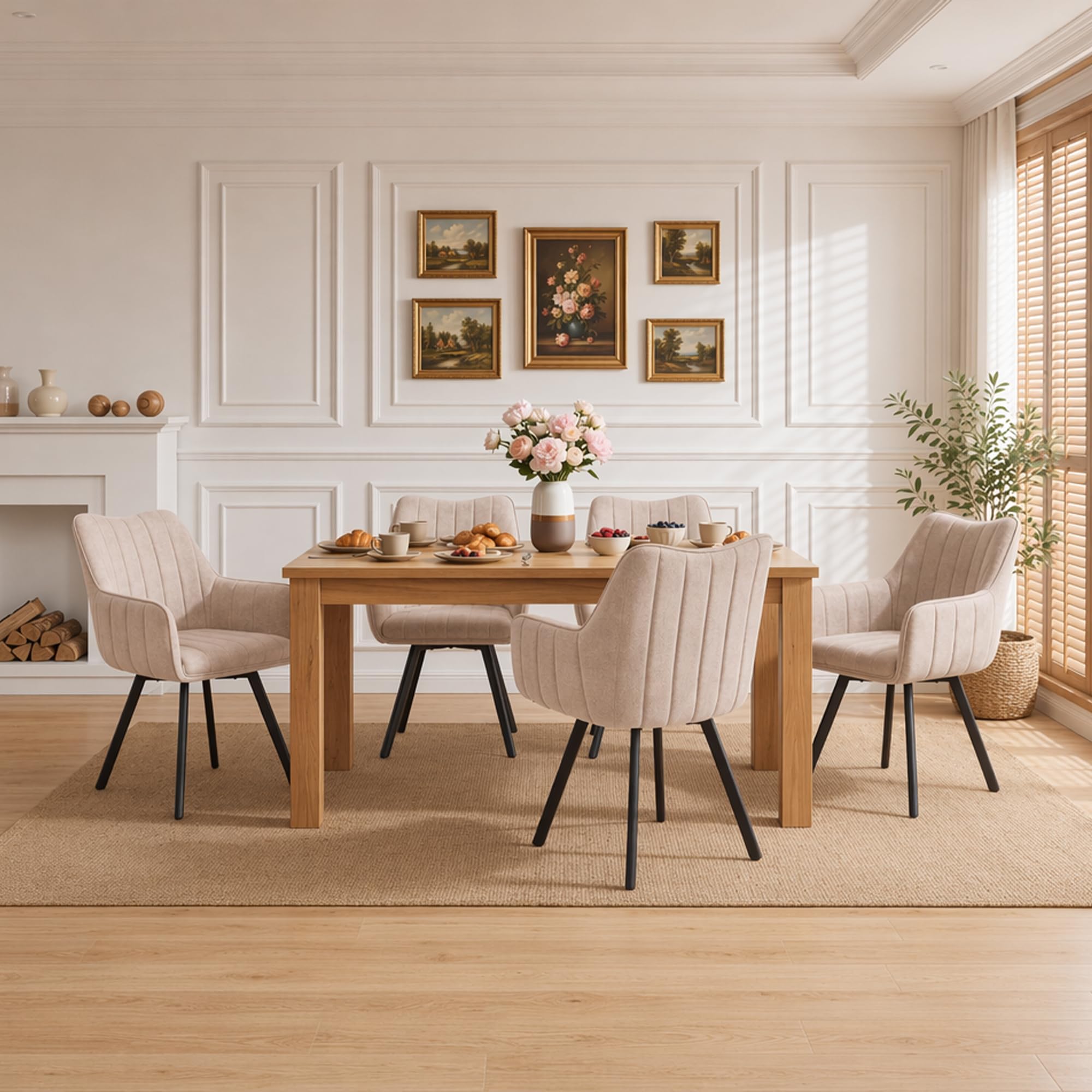 Set di 4 Sedie da Pranzo con Braccioli, Sedie da Cucina Imbottite in Lino, Gambe in Metallo Girevoli a 360°, Adatte a Sale da Pranzo, Cucine e Soggiorni, Beige