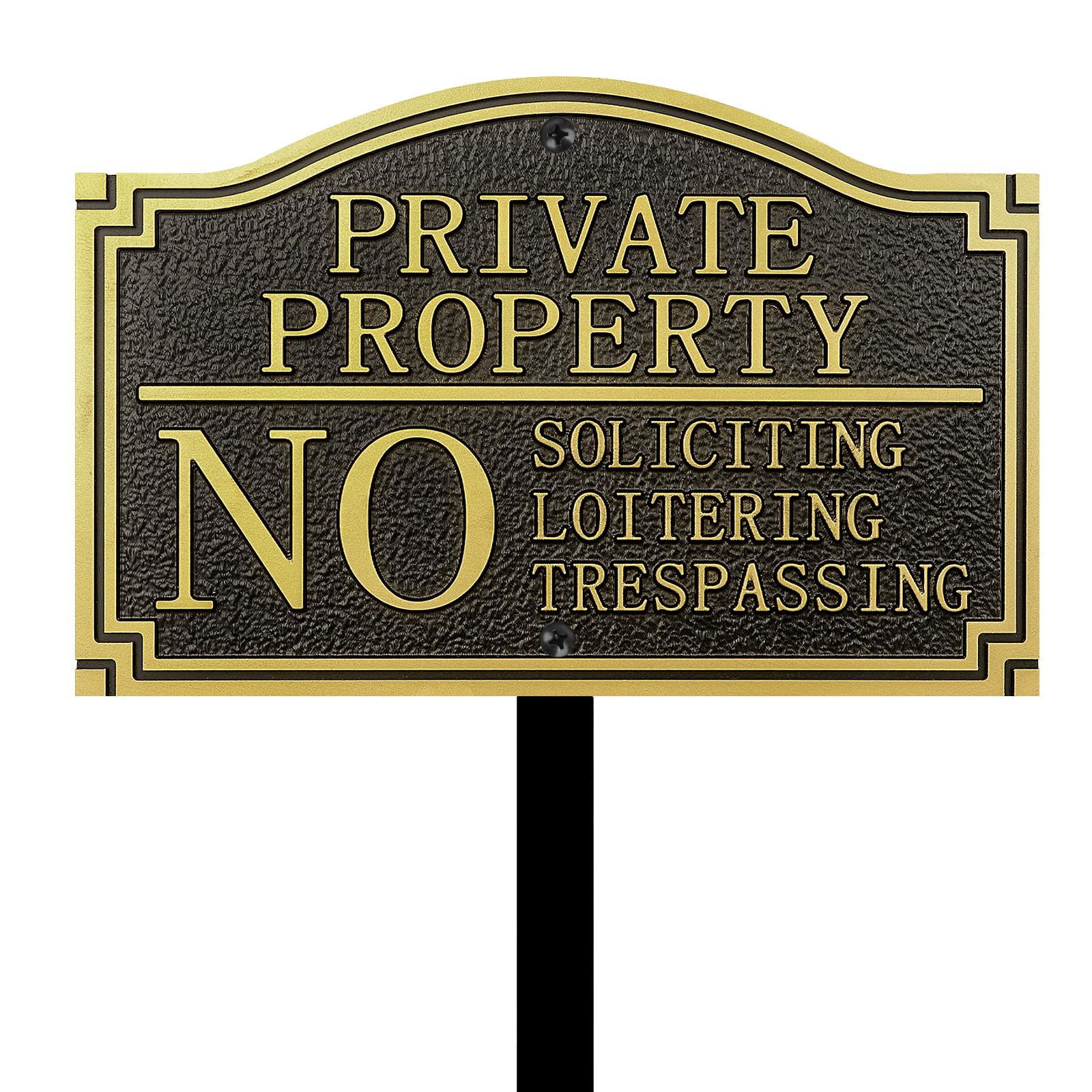 no stake Private Property No Trespassing Sign, No Soliciting Sign Statement Plaque for House,Aluminum Alloy with 3D Embossed Lettering,11.5x7.5 inch/28 inch High for Front Door/Lawns/Gardens and Business,Stainless Steel Screw Mounting