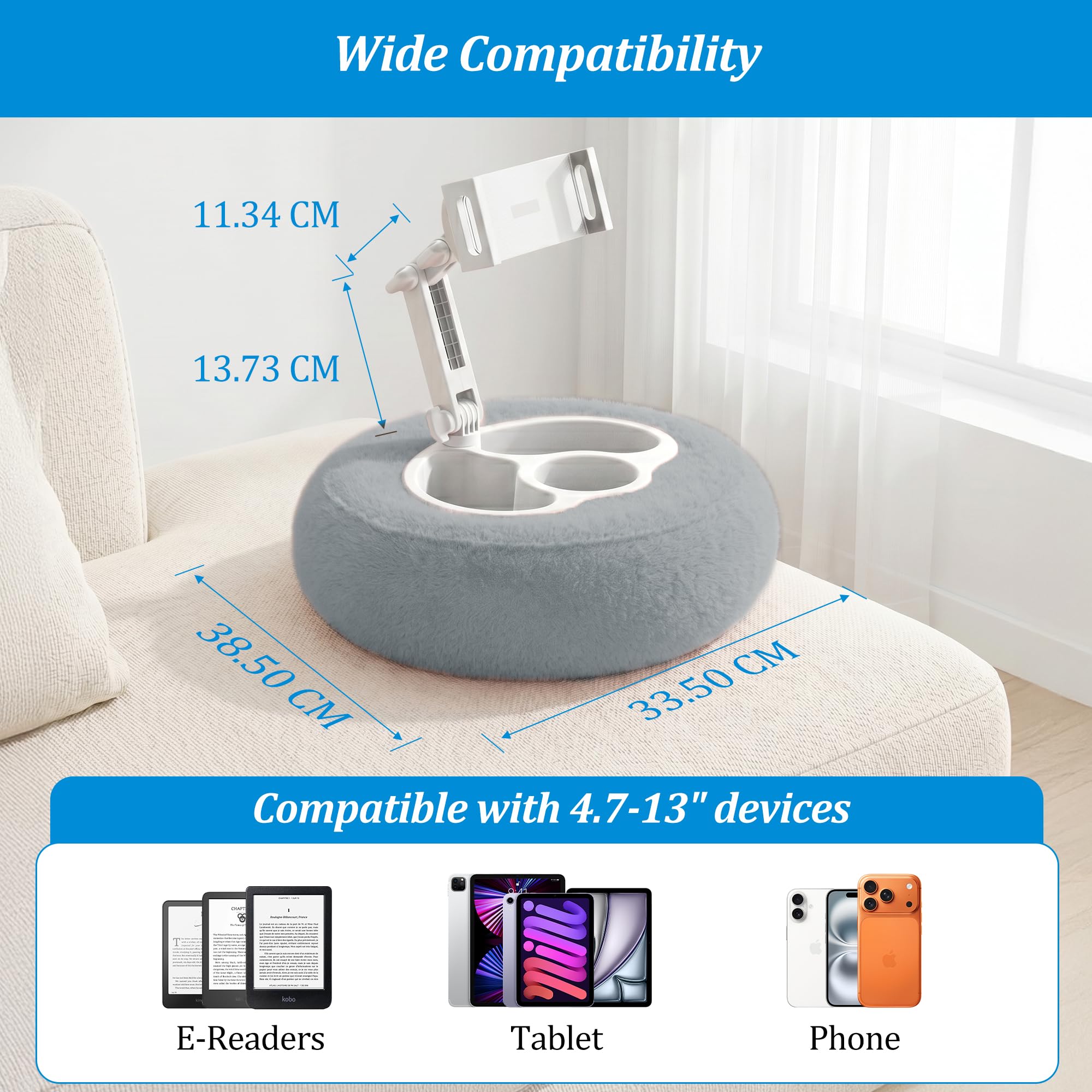 PlusAcc Cojín para Kindle con 3 Boles para Snacks – Soporte Tableta cojín,Ajustable 360° para Usar en el Regazo,Soporte de Lectura Manos Libres para Kindle,Kobo,Lavable Mando a Distancia Gris