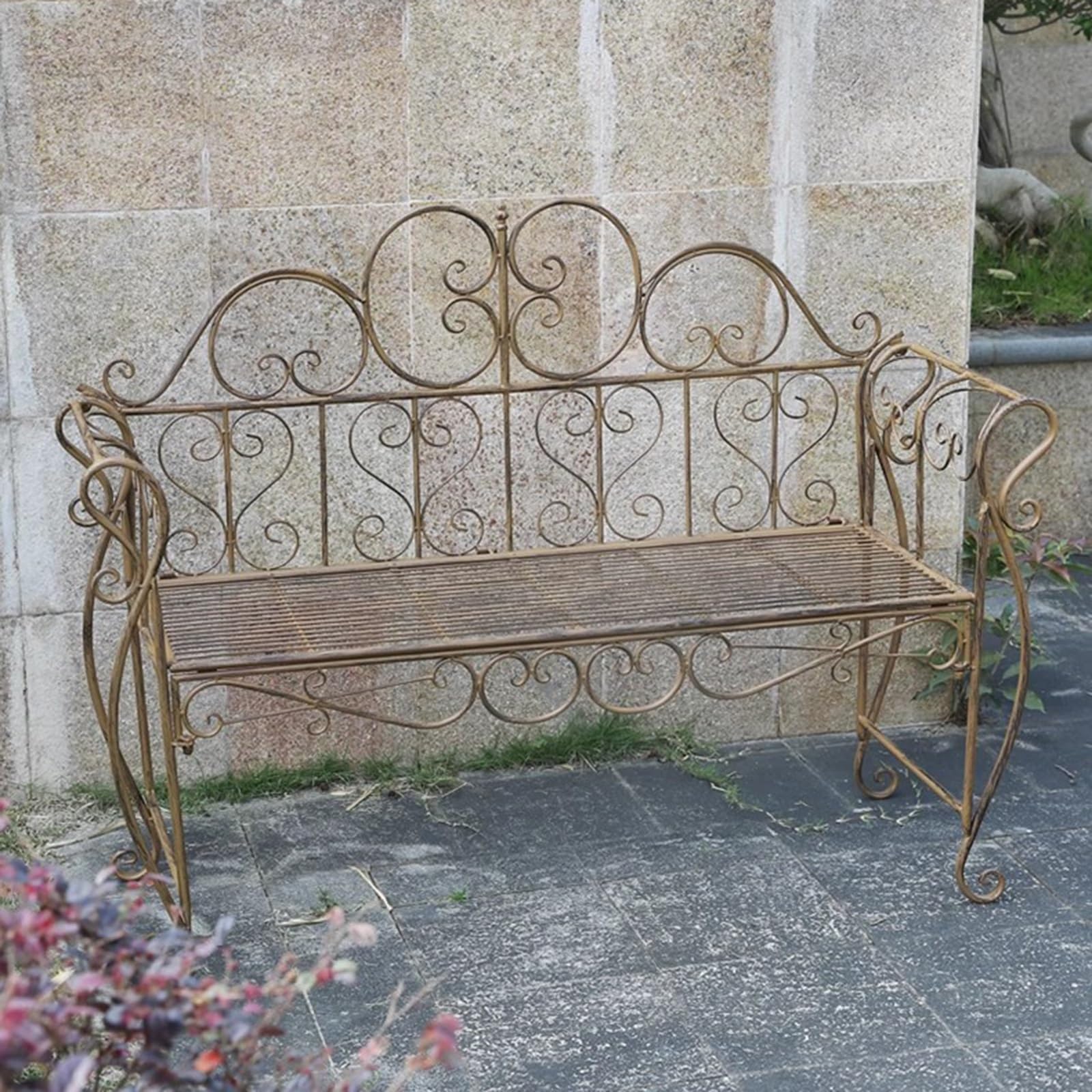Panchina da Giardino in Ferro Battuto da 127 cm, Panchina da Esterno con Schienale e Braccioli per Cortile, Bordo Piscina, Prato(Brown)