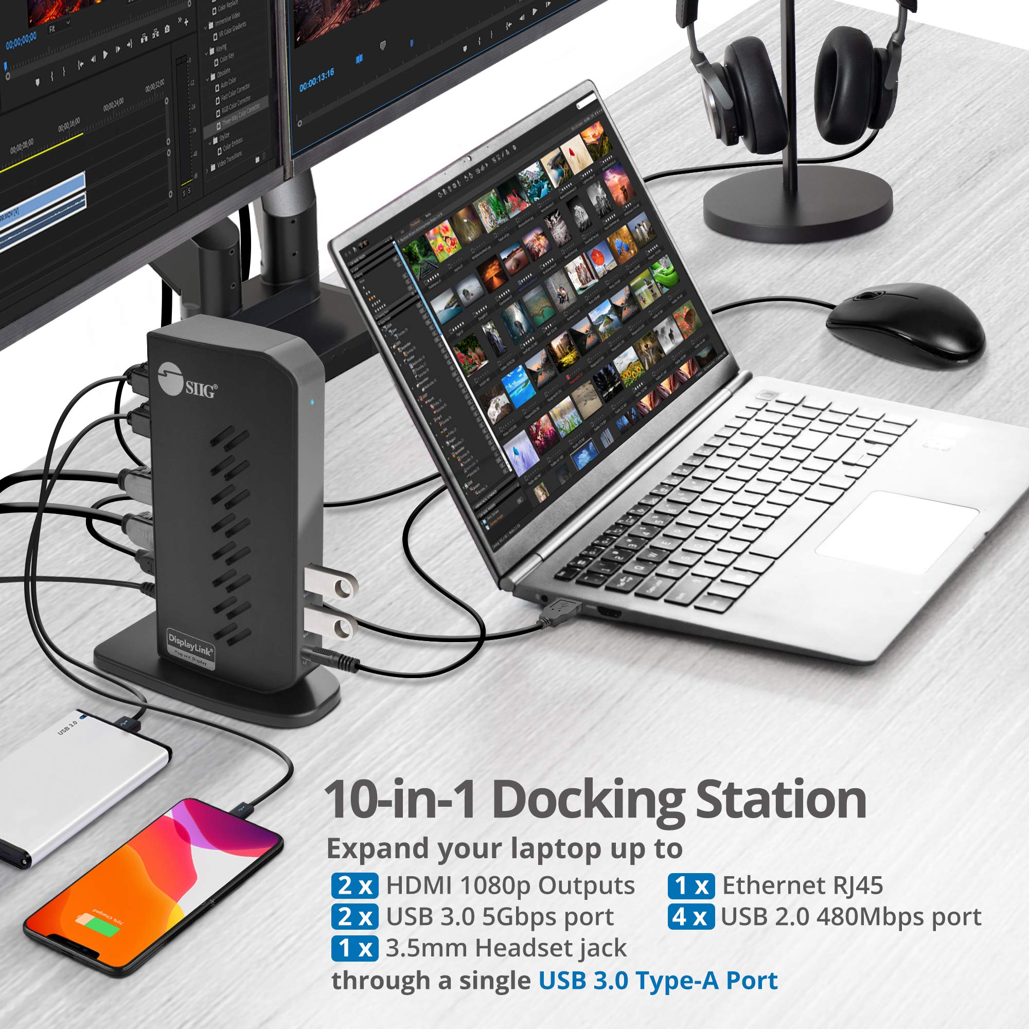 SIIG Estación de acoplamiento de video HDMI de doble cabezal 1080p, portátil USB 3.0, dos pantallas de 1080p, 2 puertos USB 3.0, 4 puertos USB 2.0, Gigabit Ethernet, auriculares de 3.5 mm, para