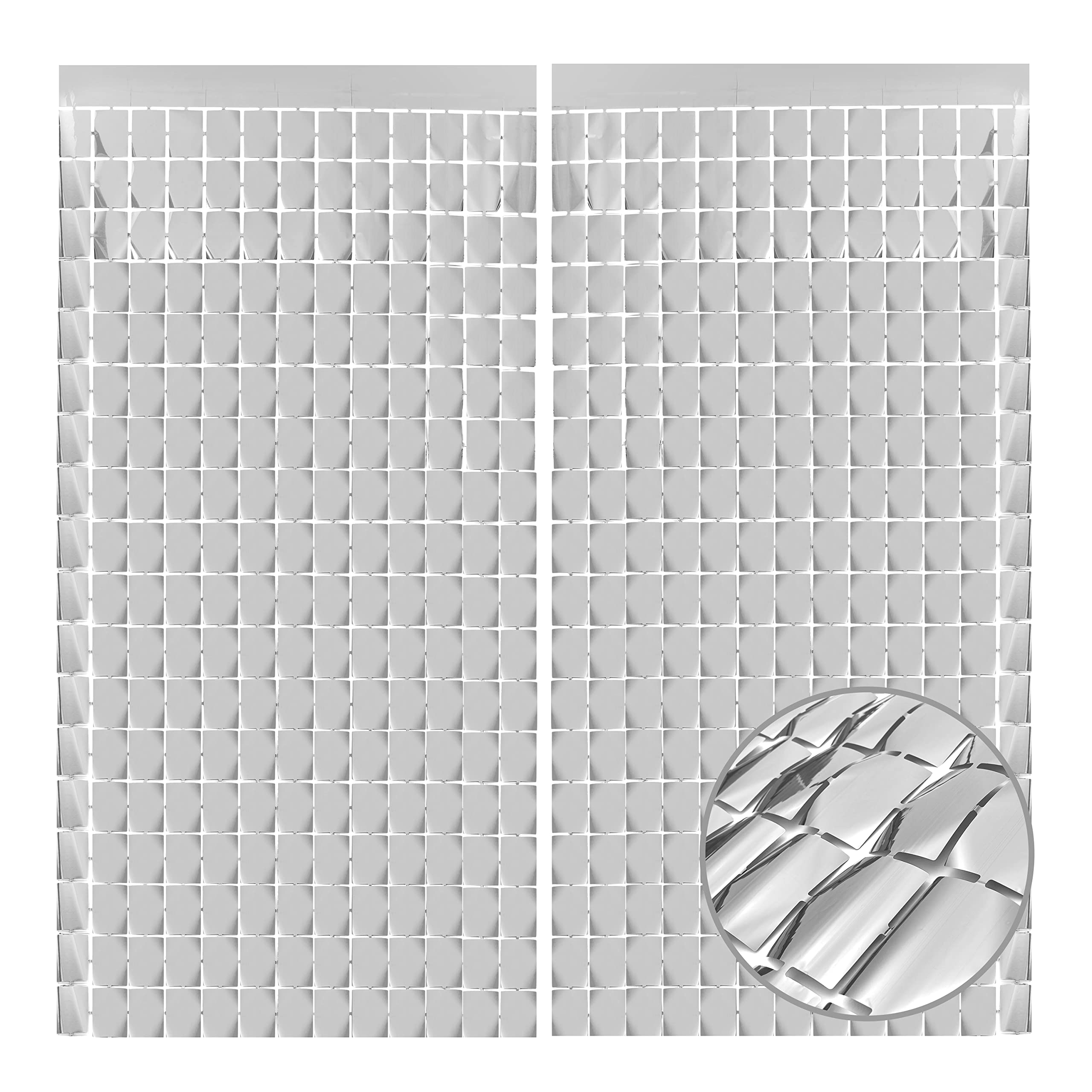 Square Foil Fringe Curtains Shimmer Wall Backdrop for Party (2Pcs-Silver)