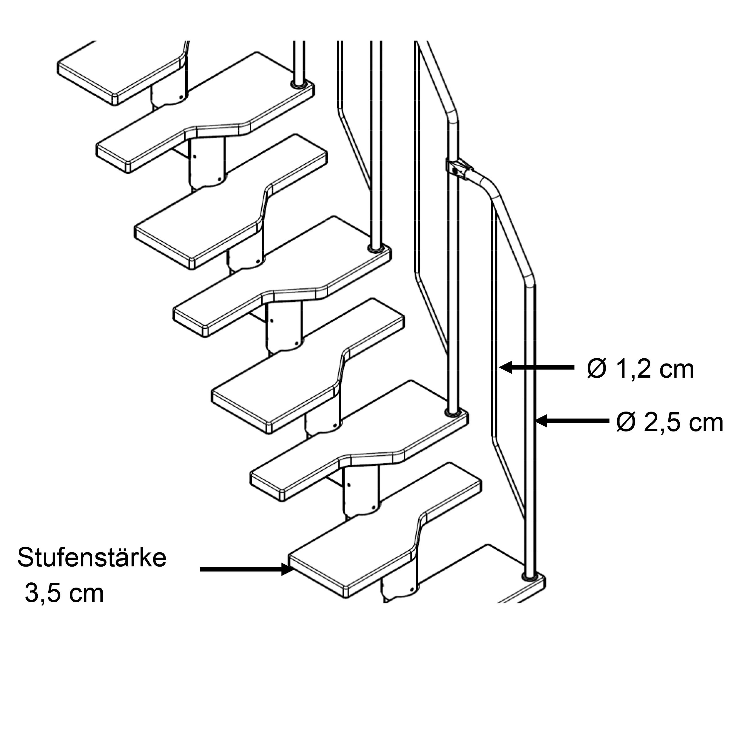 DOLLE Treppe innen mit Geländer, 222–276 cm, 58 cm breit, Buche-Deckfurnier | Raumspartreppe mit versetzten Multiplexstufen, Unterkonstruktion silbergrau, gerade bis ¼-gewendelt, max. 160 cm Ausladung