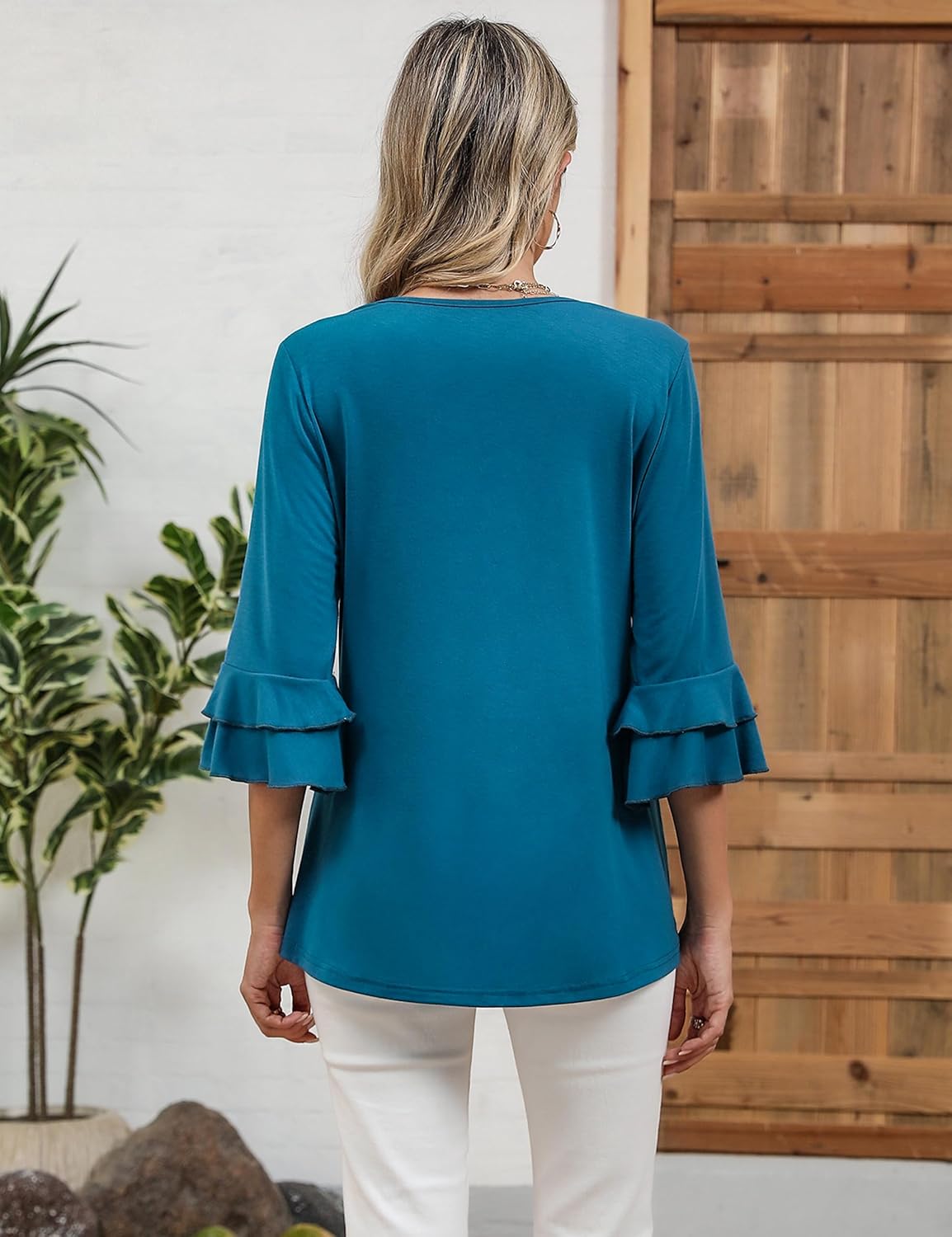 Blooming Jelly Womens 3/4 Length Sleeve Tops Summer Dressy Casual Blouses Business Pleated Shirts Spring Outfits 2025(Blue, X-Large) - Image 4