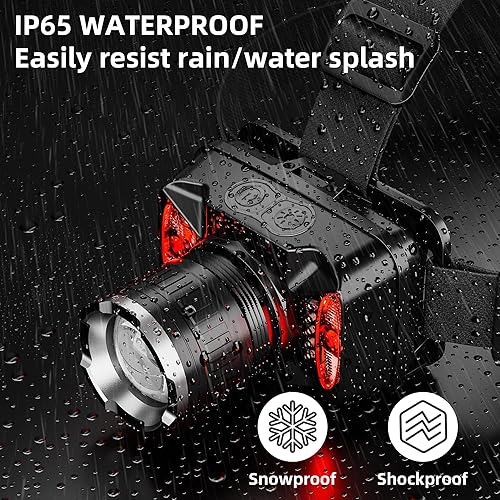 Miniatura 4 de Linterna frontal LED recargable, 6 modos de luz con luz estroboscópica roja y azul, haz zoomable, faro impermeable ajustable de 90 para campamento,