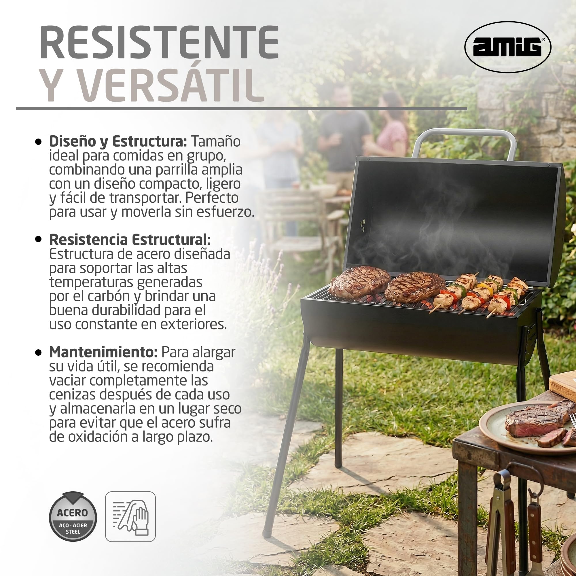 Amig - Barbacoa de carbón - 83 x 58 x 84 cm - Negro - Fabricado en Acero - para jardín y patio con uso familiar y reuniones con montaje sencillo limpieza cómoda y calidad consistente. Mod. KALDERA