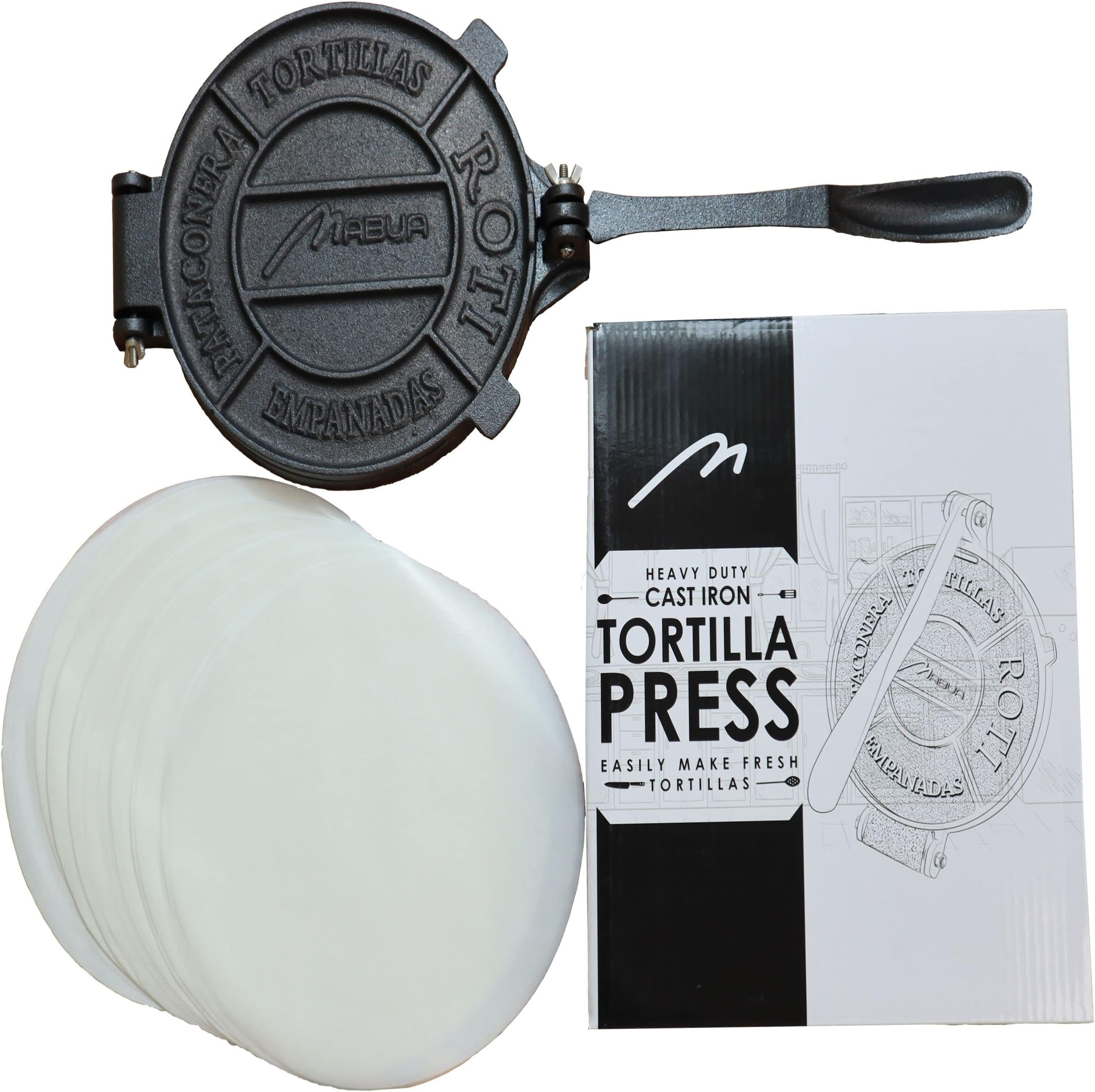 MABUA 8 Inches Cast Iron Tortilla Press – Heavy Duty Pre-seasoned Roti Maker, Tortilla Maker, Dough Press - Pataconera with 100 Tortilla Wax Paper – Free Replacement If Damaged in 30 Days.