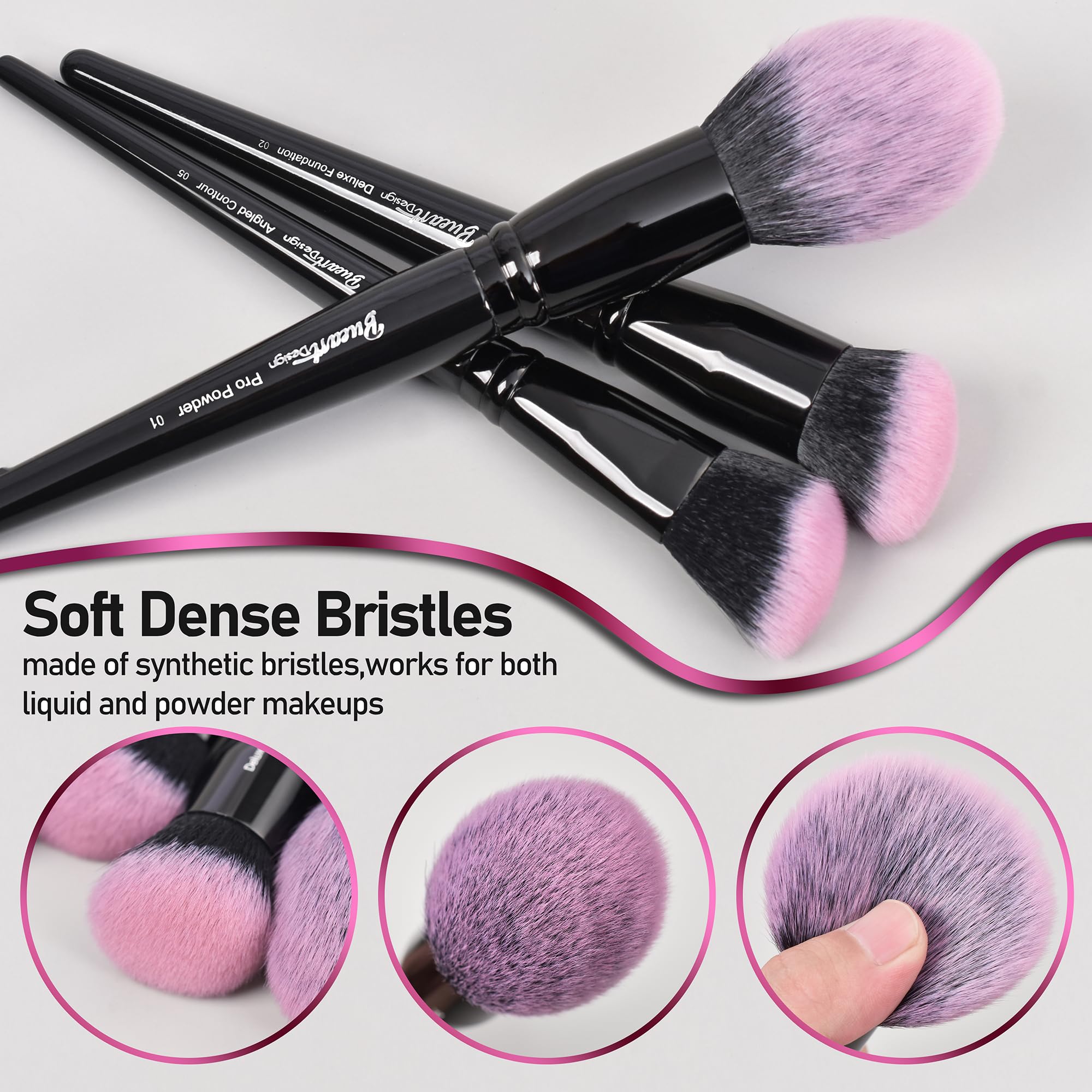 Bueart Design Juego de 18 brochas de maquillaje Pro Deluxe fucsia rosa negro con estuche de viaje para brochas de maquillaje, base, corrector, contorno, rubor, sombra de ojos, juego de brochas de