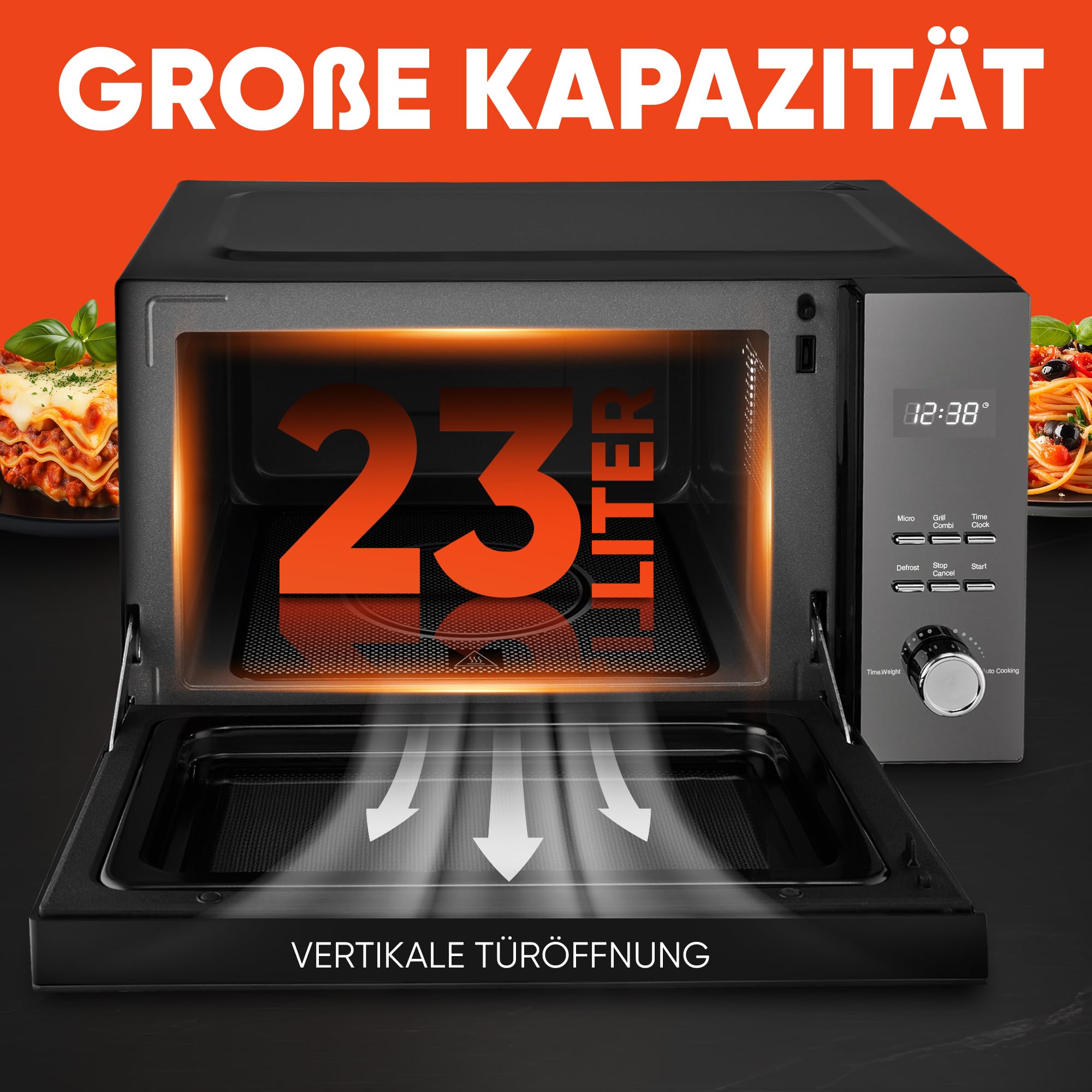 ProfiCook® Mikrowelle mit Grill | 23L | ohne Drehteller | vertikalöffnende Tür | 1000 Watt Grillleistung | auch für eckige Teller | Mikrowellengerät | Mikrowelle ohne Drehteller | PC-MWG 1204